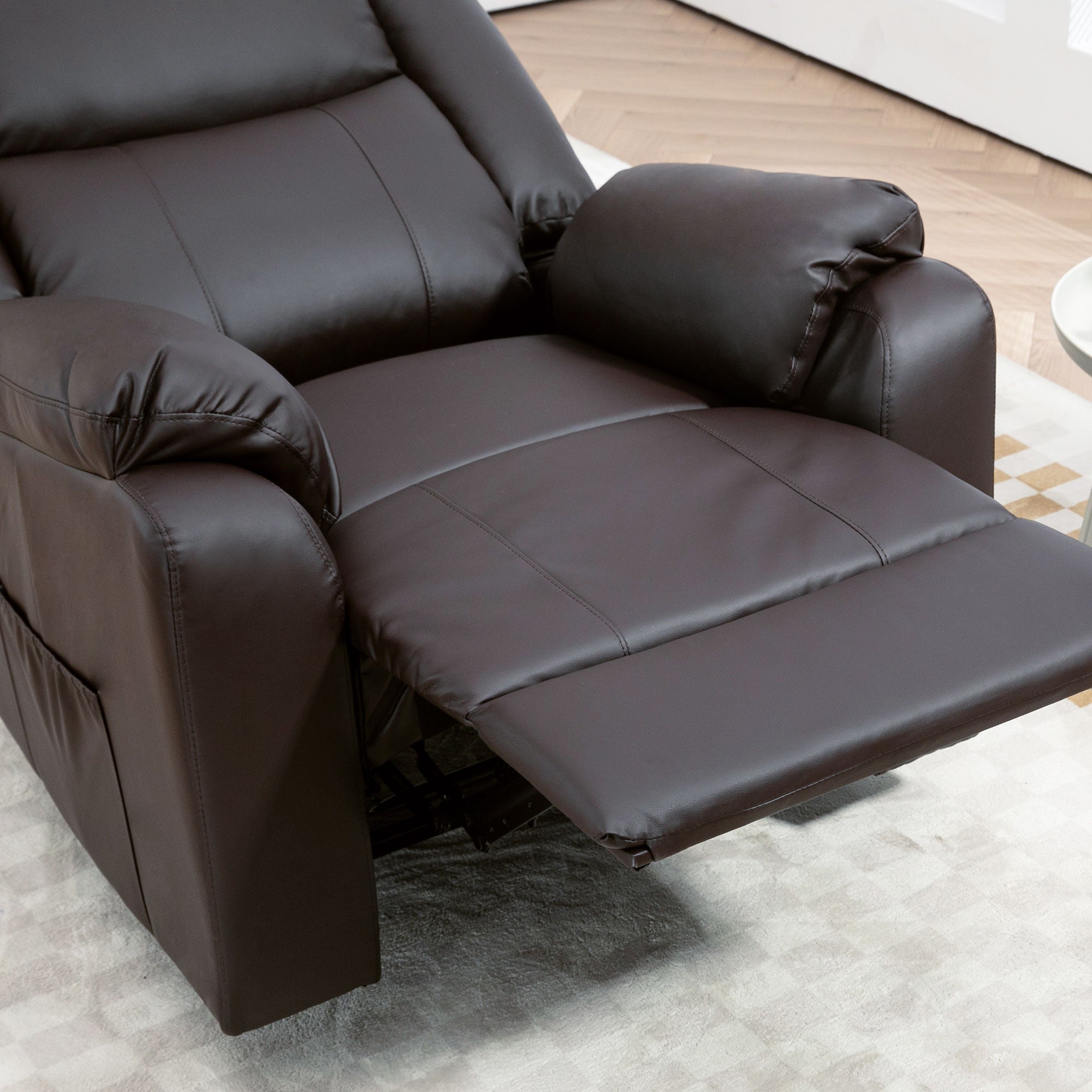 HOMCOM Recliner Chair for Living Room, PU Leather Single Recliner Sofa, Manual Reclining Chair with Footrest, Thick Padding and Side Pockets, Brown