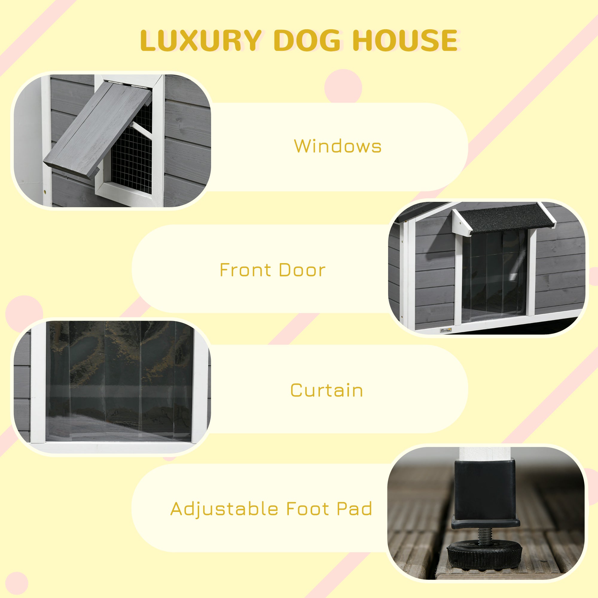 PawHut Wooden Dog Kennel Outdoor, Elevated Dog House for Outside, with Openable Top, Asphalt Roof, Windows, Curtain, Removable Tray, Adjustable Legs, 65H x 97L x 72Wcm, Grey