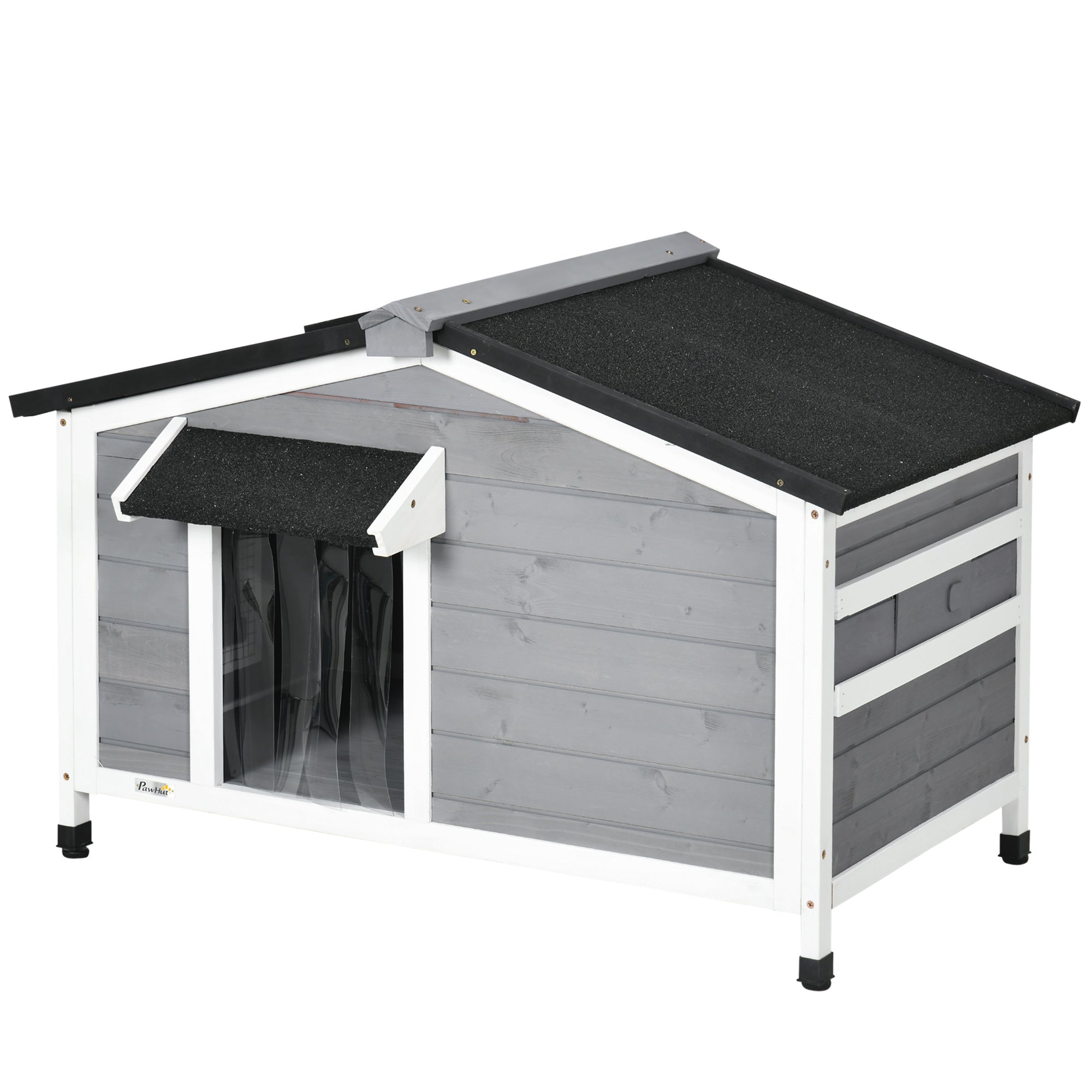 PawHut Wooden Dog Kennel Outdoor, Elevated Dog House for Outside, with Openable Top, Asphalt Roof, Windows, Curtain, Removable Tray, Adjustable Legs, 65H x 97L x 72Wcm, Grey
