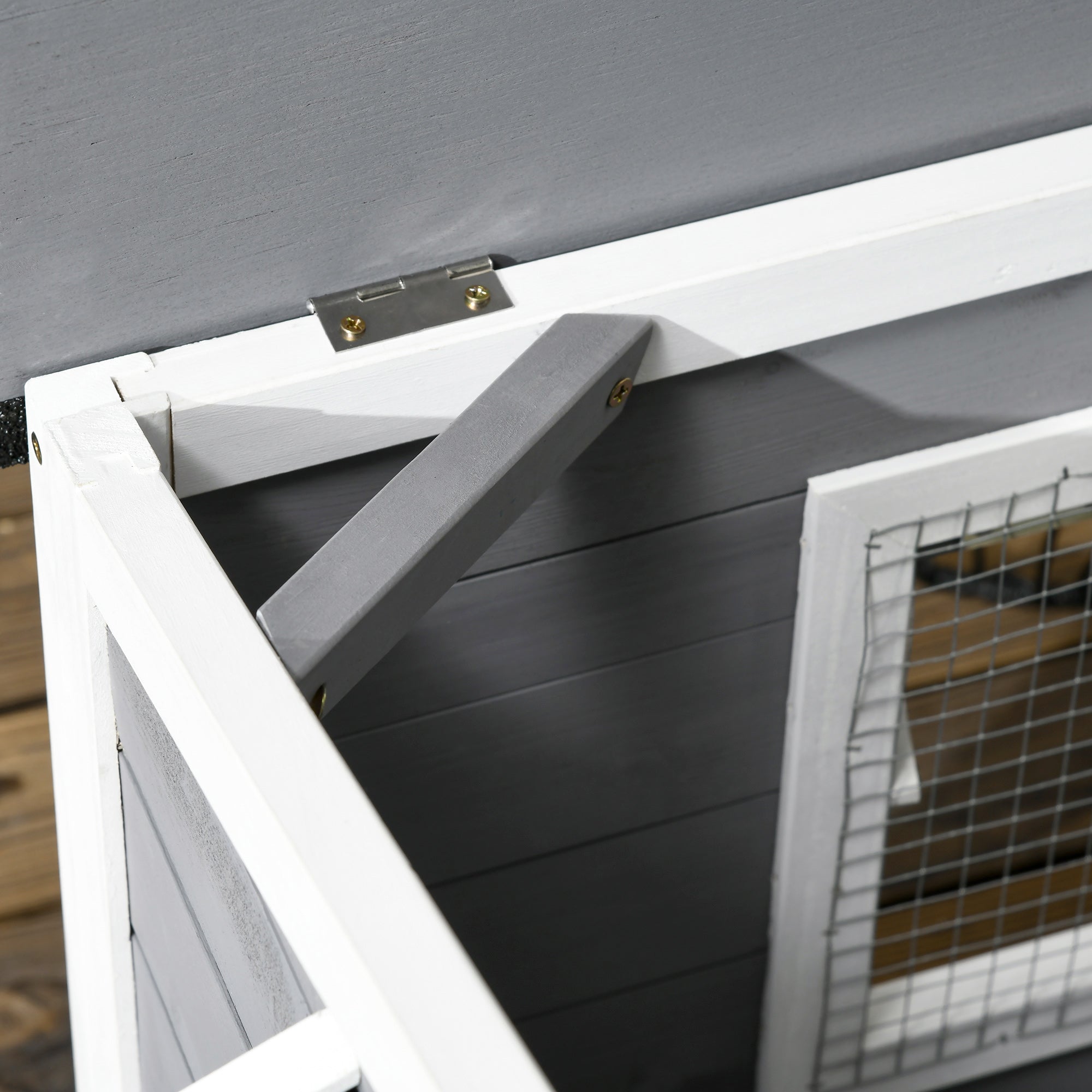 PawHut Wooden Dog Kennel Outdoor, Elevated Dog House for Outside, with Openable Top, Asphalt Roof, Windows, Curtain, Removable Tray, Adjustable Legs, 65H x 97L x 72Wcm, Grey