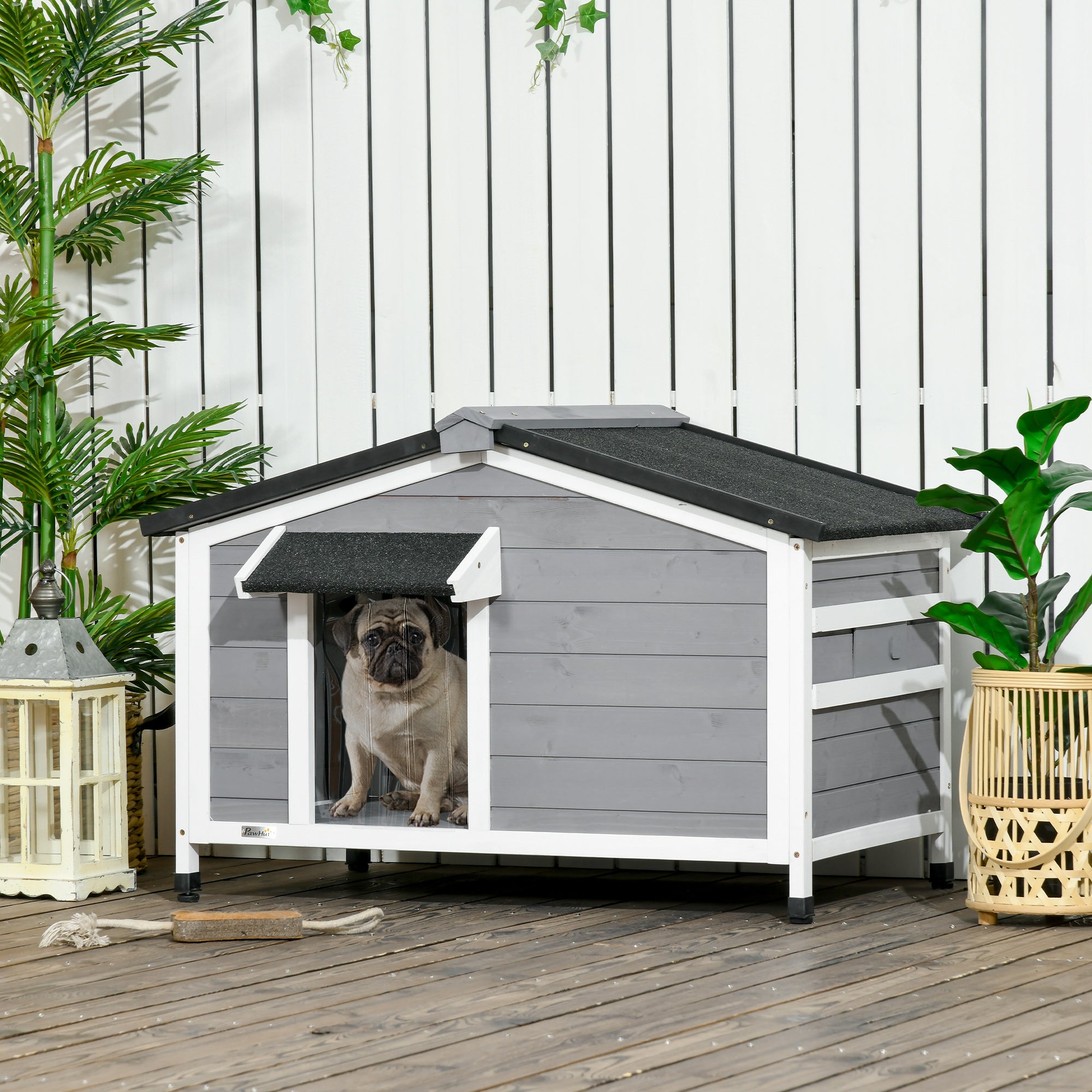 PawHut Wooden Dog Kennel Outdoor, Elevated Dog House for Outside, with Openable Top, Asphalt Roof, Windows, Curtain, Removable Tray, Adjustable Legs, 65H x 97L x 72Wcm, Grey