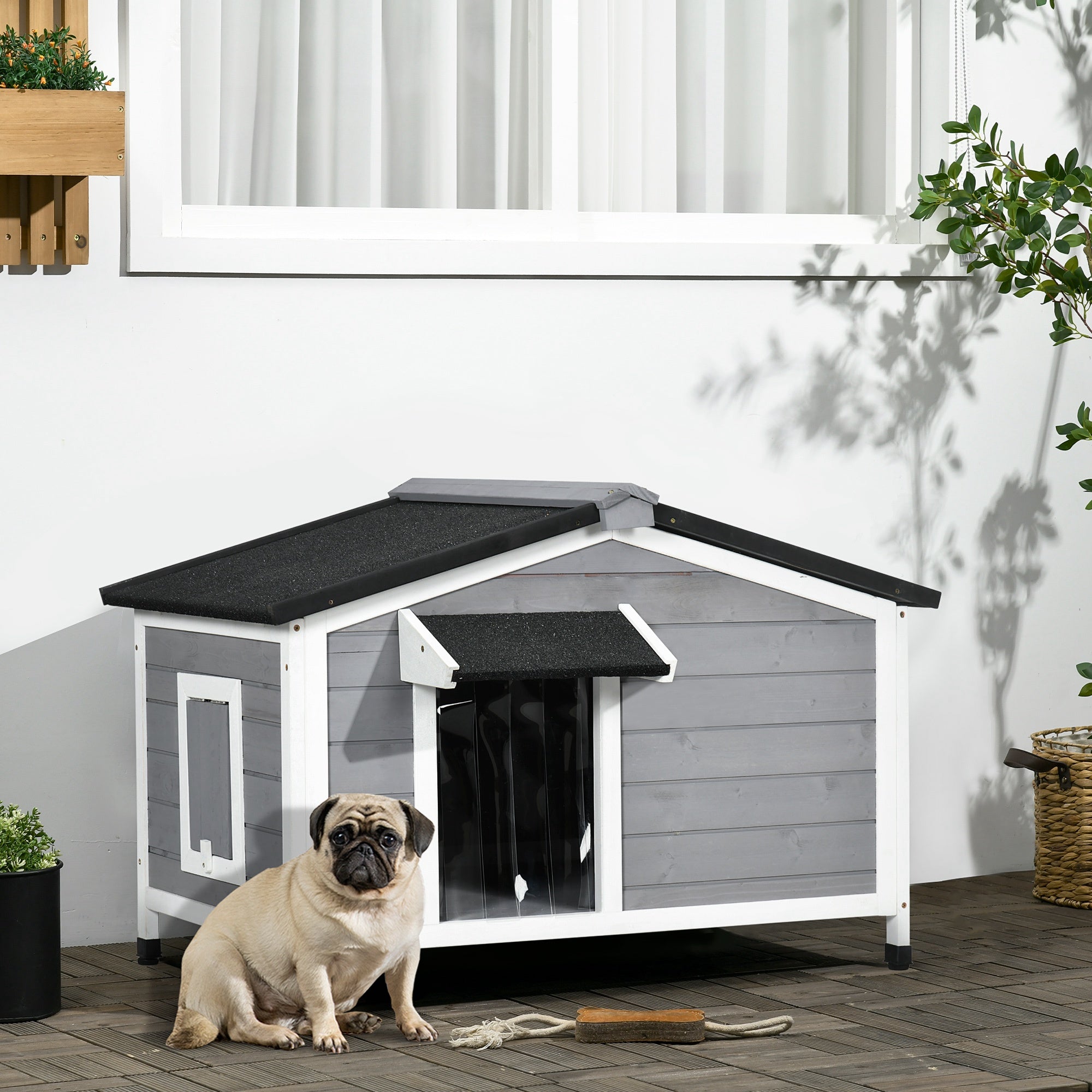 PawHut Wooden Dog Kennel Outdoor, Elevated Dog House for Outside, with Openable Top, Asphalt Roof, Windows, Curtain, Removable Tray, Adjustable Legs, 65H x 97L x 72Wcm, Grey