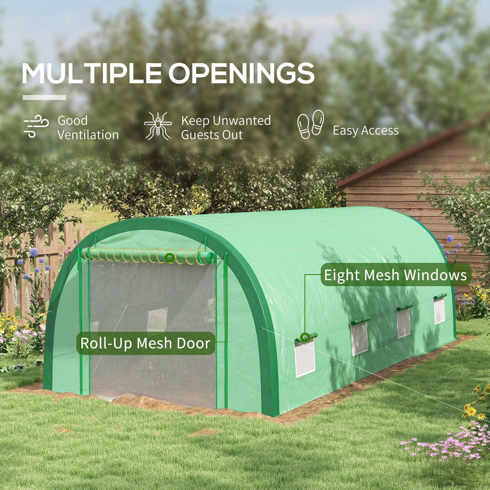 Outsunny 19.5'x10'x6.5' Walk-in Tunnel Greenhouse with Upgraded Structure Zipped Roll Up Mesh Door 8 Mesh Windows, Plant Hot House Tent with PE Cover 15 Plant Labels Gloves, Green