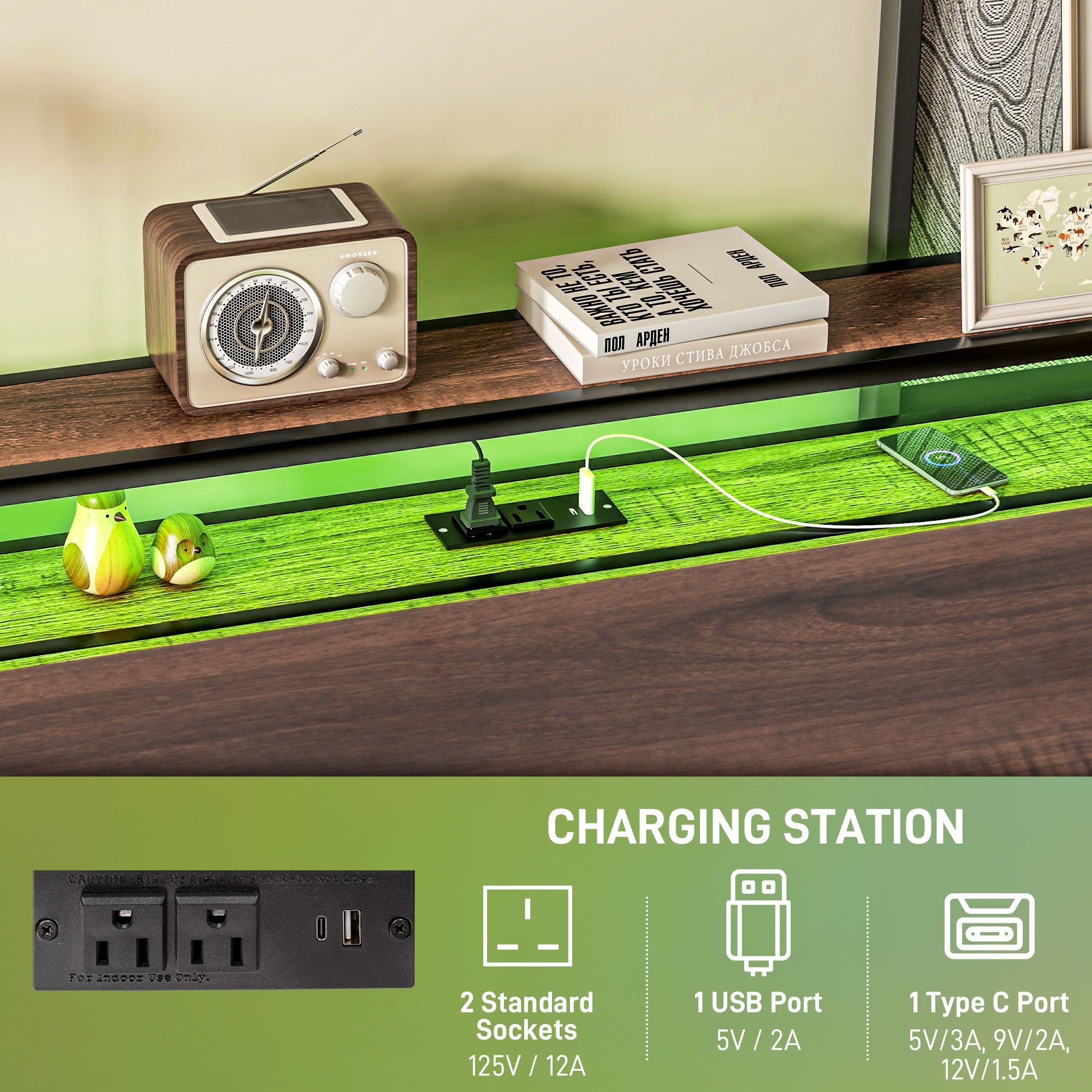 HOMCOM Queen Bed Frame with Storage and LED Lights, Platform Bed Frame with Headboard, Charging Station, Steel Slats, Noise Free, No Box Spring Needed, Easy Assembly, Walnut