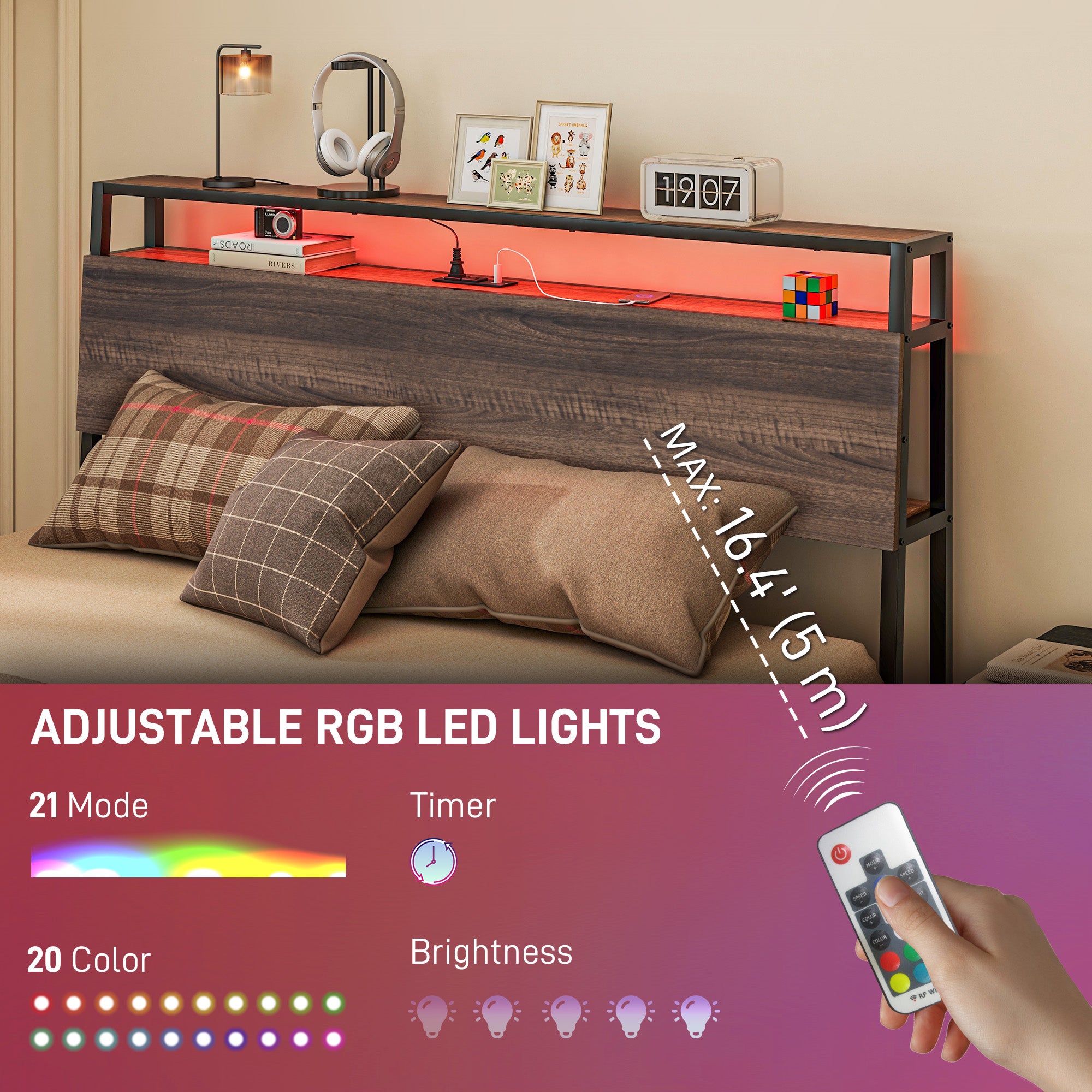 HOMCOM Queen Bed Frame with Storage and LED Lights, Platform Bed Frame with Headboard, Charging Station, Steel Slats, Noise Free, No Box Spring Needed, Easy Assembly, Walnut