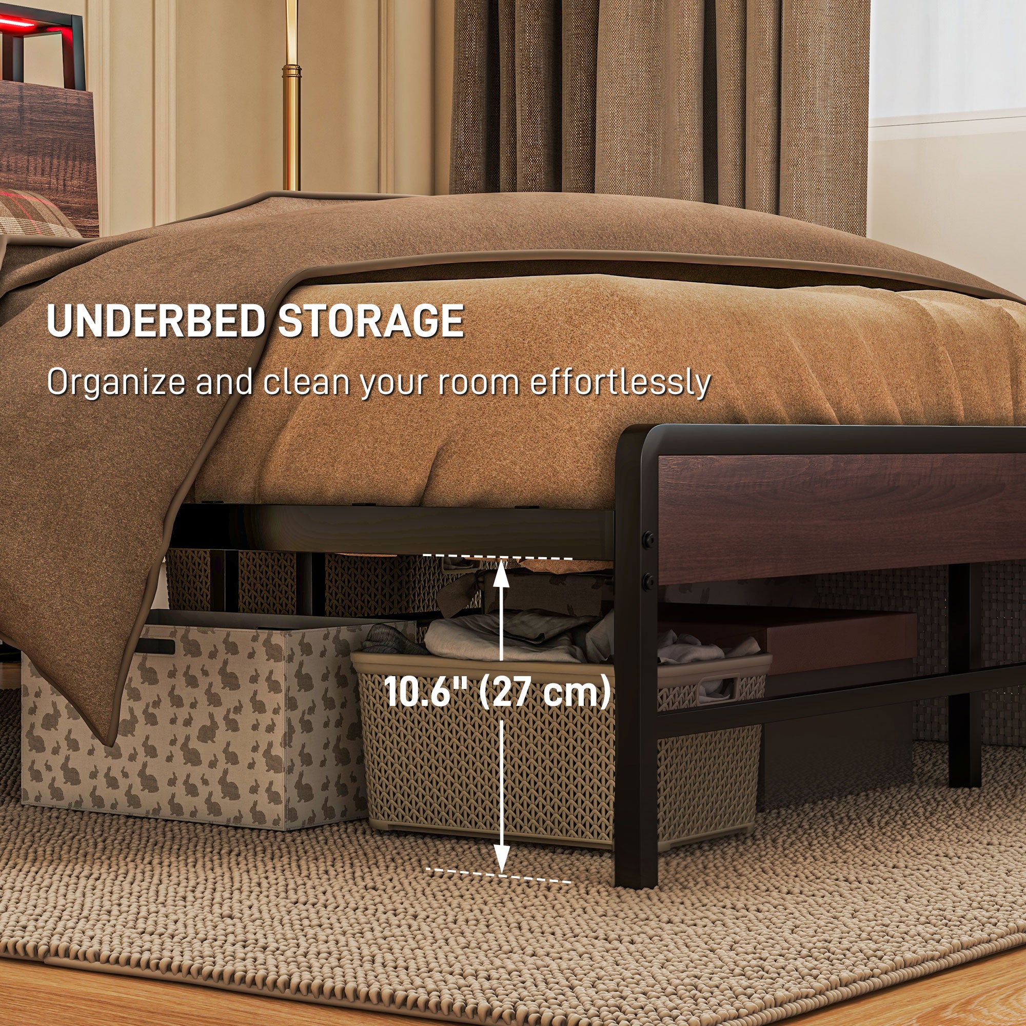 HOMCOM Queen Bed Frame with Storage and LED Lights, Platform Bed Frame with Headboard, Charging Station, Steel Slats, Noise Free, No Box Spring Needed, Easy Assembly, Walnut