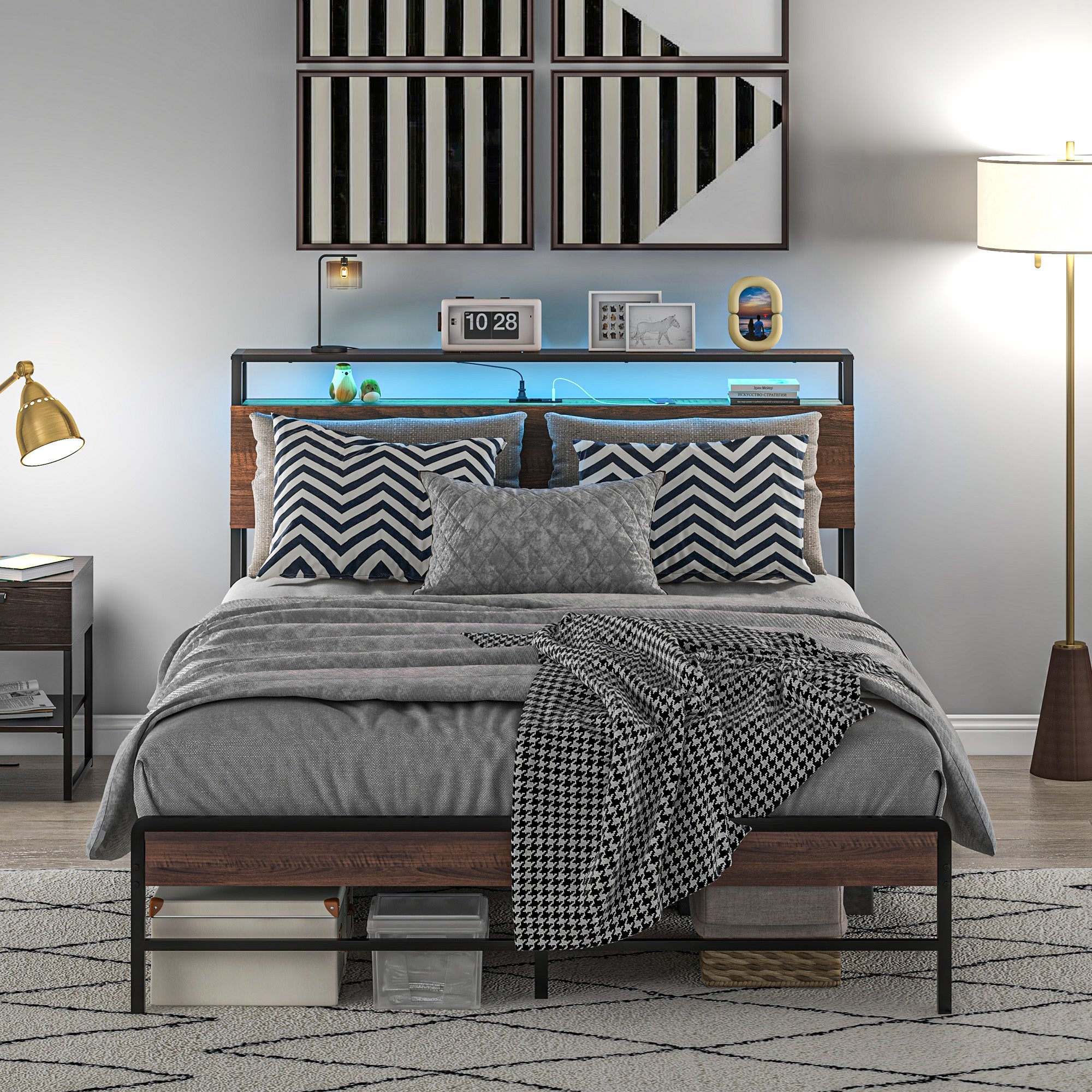 HOMCOM Queen Bed Frame with Storage and LED Lights, Platform Bed Frame with Headboard, Charging Station, Steel Slats, Noise Free, No Box Spring Needed, Easy Assembly, Walnut