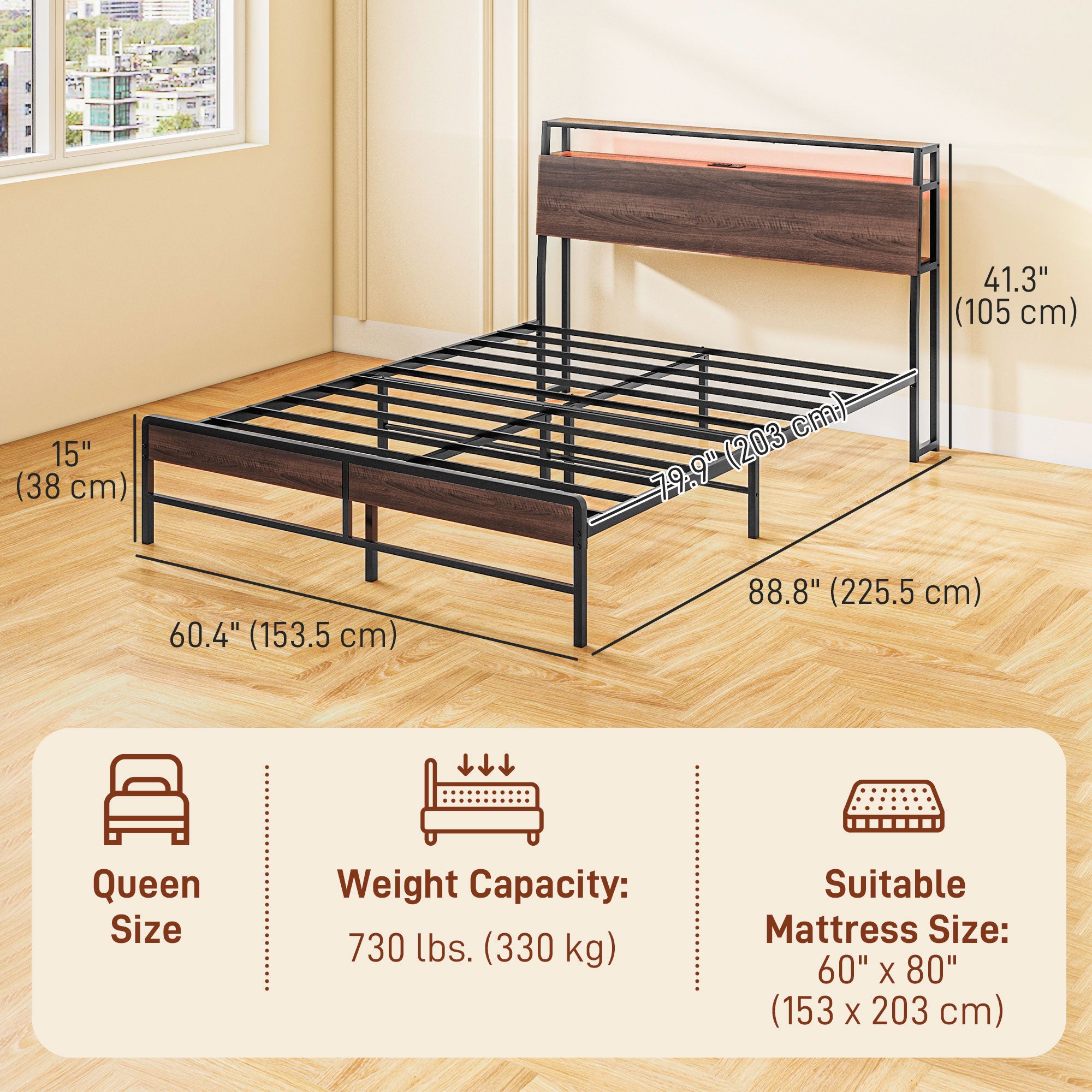 HOMCOM Queen Bed Frame with Storage and LED Lights, Platform Bed Frame with Headboard, Charging Station, Steel Slats, Noise Free, No Box Spring Needed, Easy Assembly, Walnut