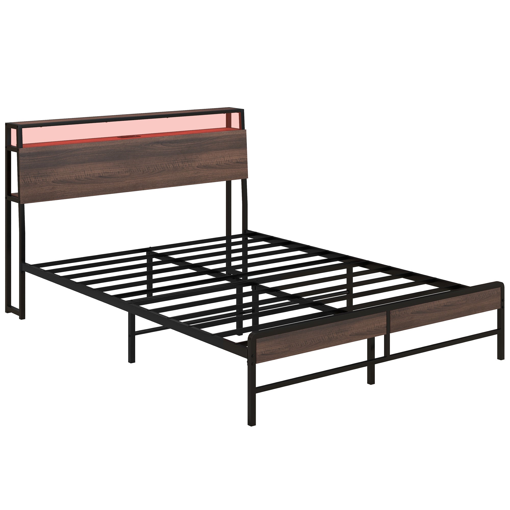 HOMCOM Queen Bed Frame with Storage and LED Lights, Platform Bed Frame with Headboard, Charging Station, Steel Slats, Noise Free, No Box Spring Needed, Easy Assembly, Walnut