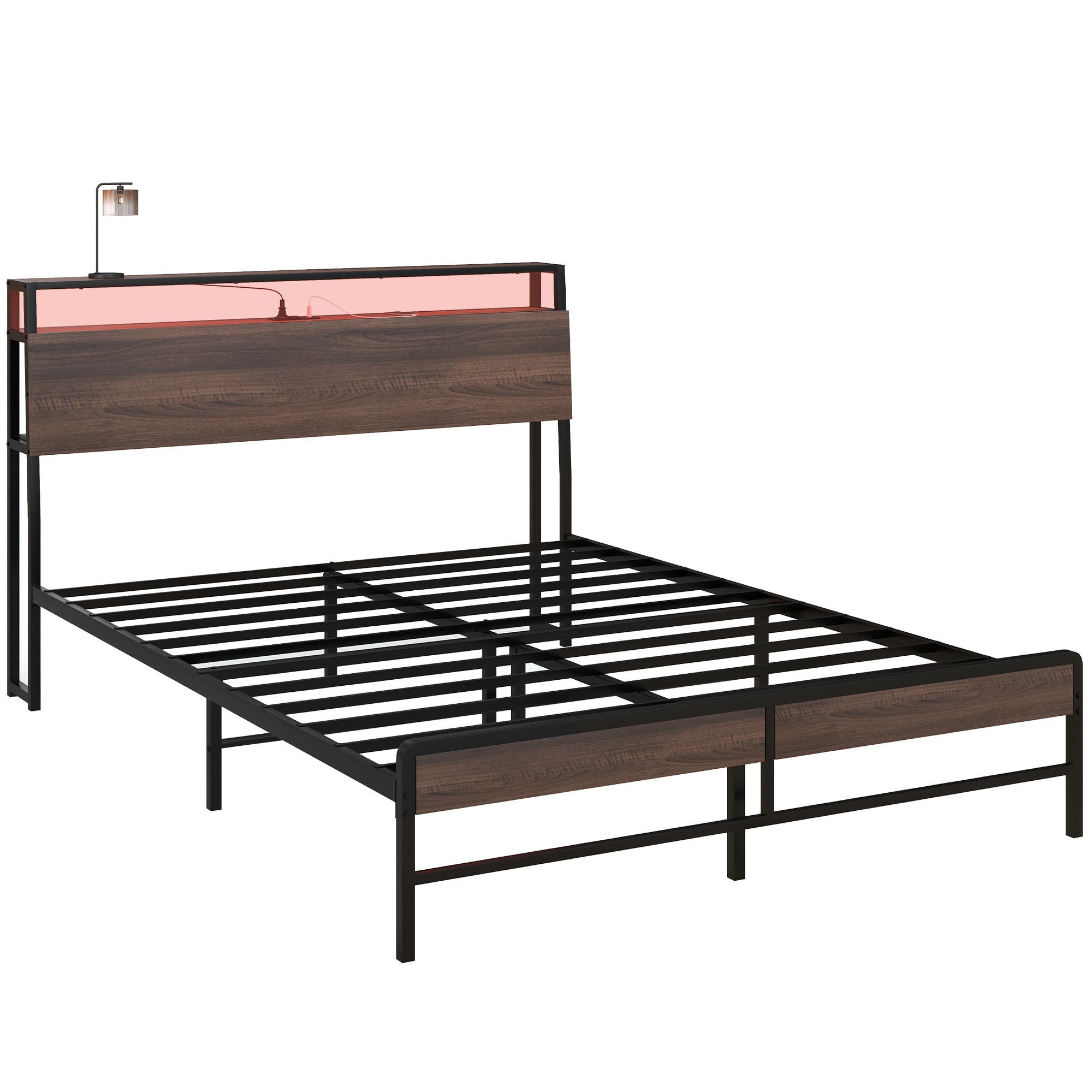 HOMCOM Queen Bed Frame with Storage and LED Lights, Platform Bed Frame with Headboard, Charging Station, Steel Slats, Noise Free, No Box Spring Needed, Easy Assembly, Walnut