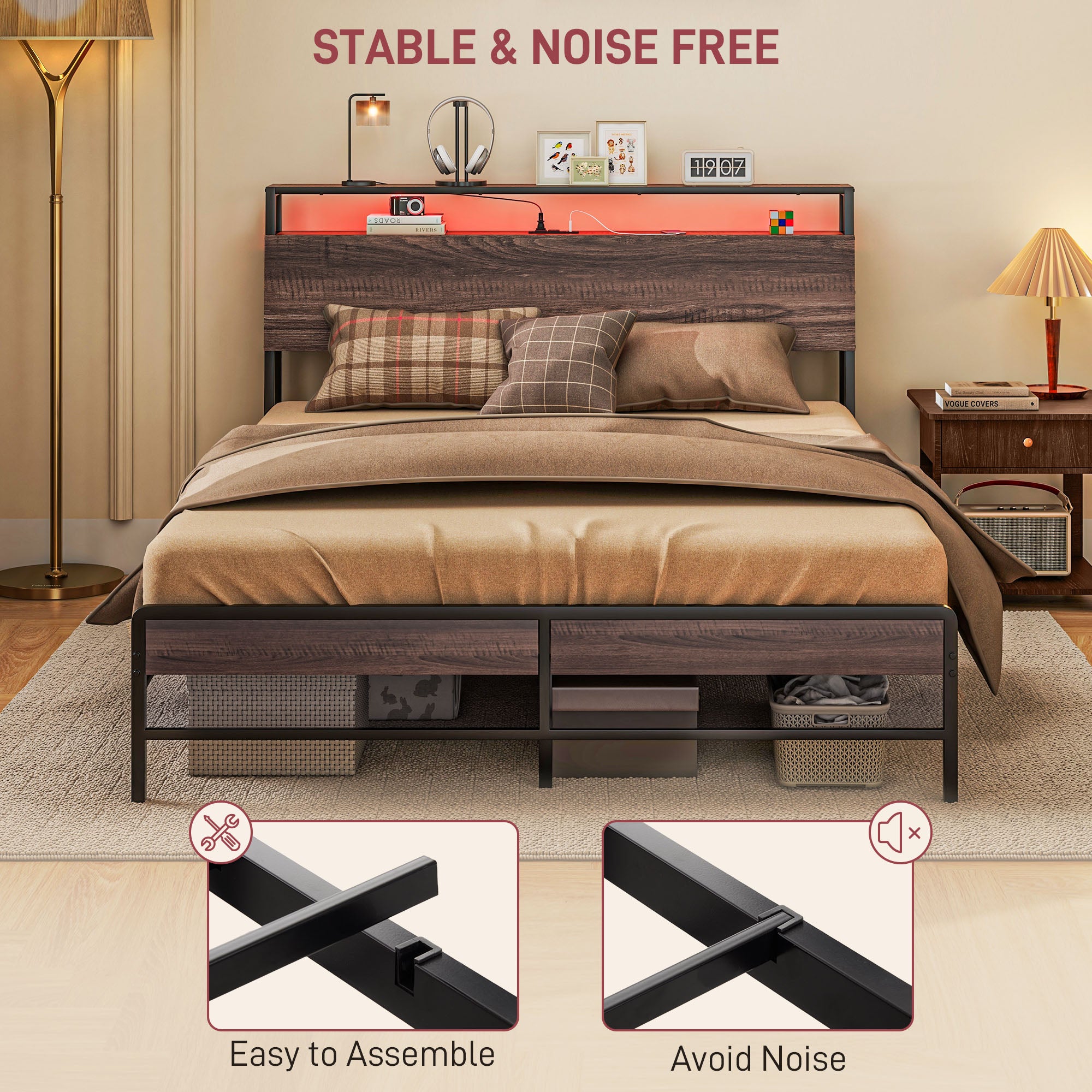 HOMCOM Queen Bed Frame with Storage and LED Lights, Platform Bed Frame with Headboard, Charging Station, Steel Slats, Noise Free, No Box Spring Needed, Easy Assembly, Walnut
