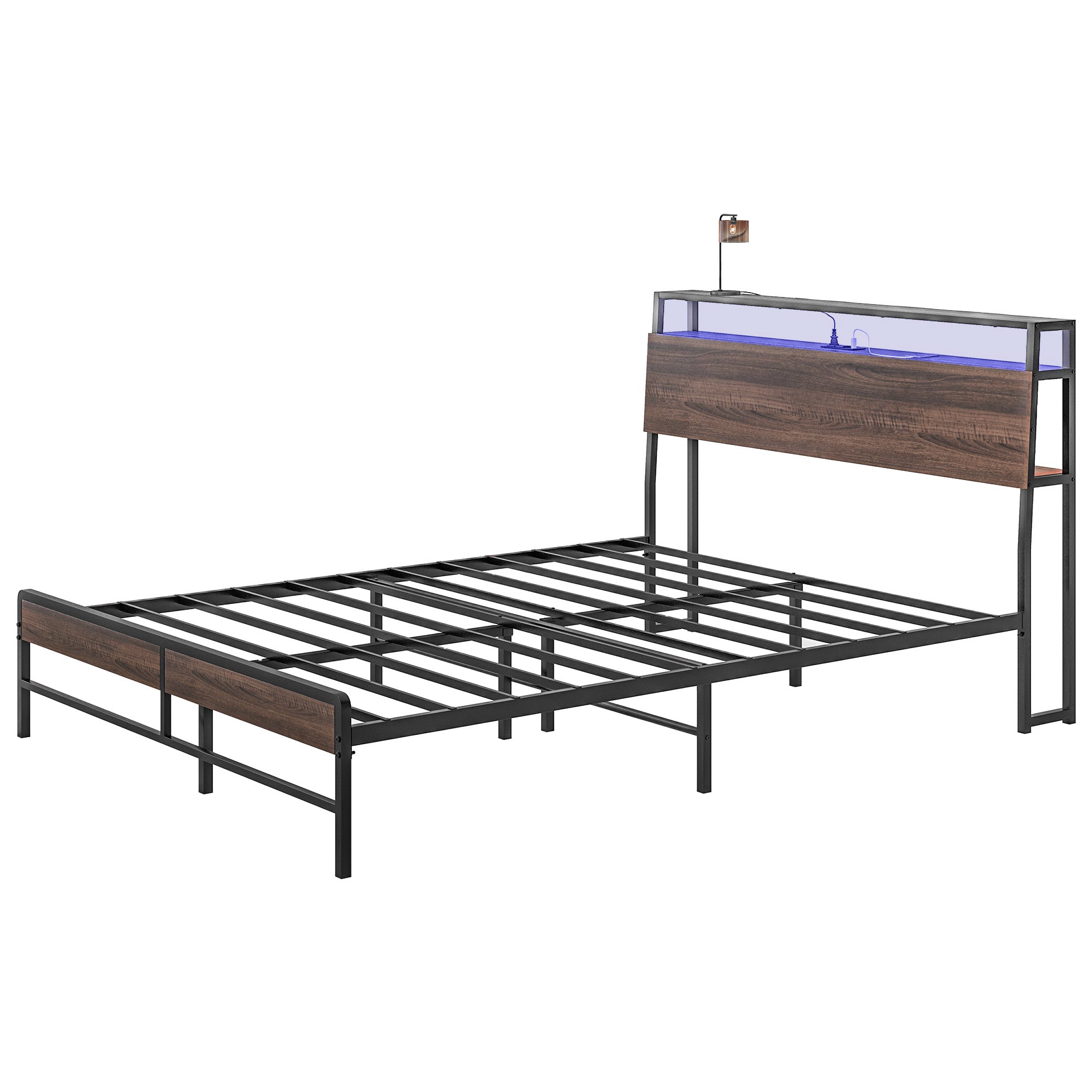 HOMCOM Queen Bed Frame with Storage and LED Lights, Platform Bed Frame with Headboard, Charging Station, Steel Slats, Noise Free, No Box Spring Needed, Easy Assembly, Walnut