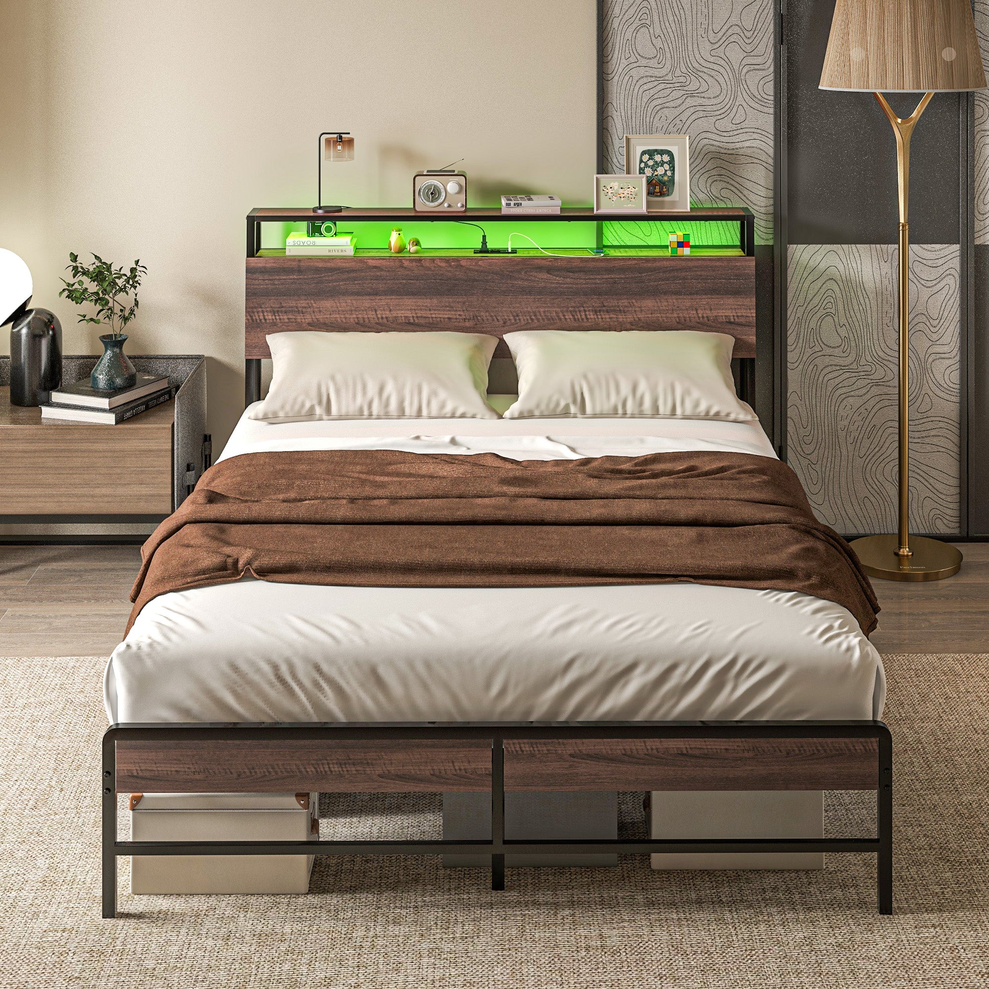 HOMCOM Queen Bed Frame with Storage and LED Lights, Platform Bed Frame with Headboard, Charging Station, Steel Slats, Noise Free, No Box Spring Needed, Easy Assembly, Walnut