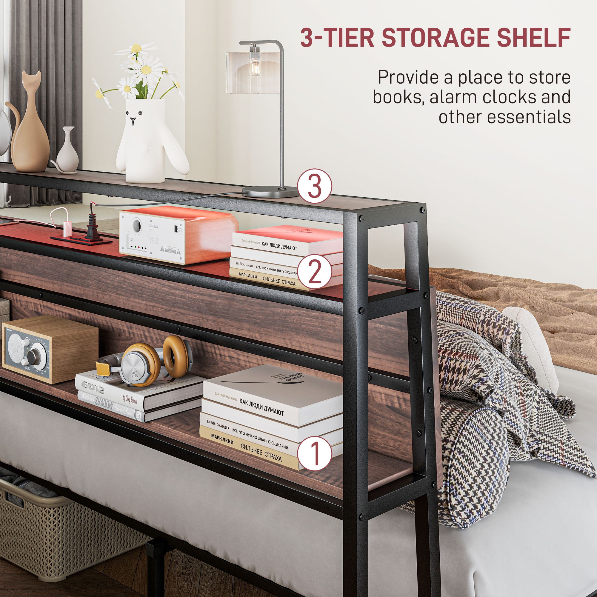 HOMCOM Queen Bed Frame with Storage and LED Lights, Platform Bed Frame with Headboard, Charging Station, Steel Slats, Noise Free, No Box Spring Needed, Easy Assembly, Walnut