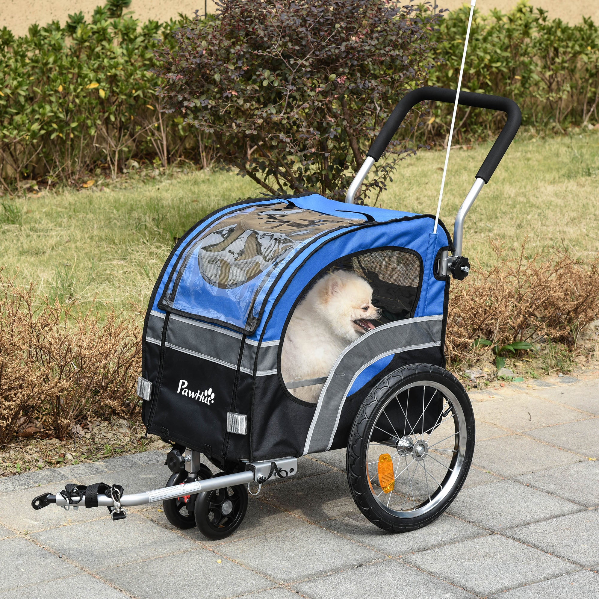PawHut 2-in-1 Dog Bike Trailer Pet Cart Carrier Stroller for Bicycle with 360° Rotatable Front Wheel Reflectors Weather Resistant Canopy Hitch Coupler Flag Blue