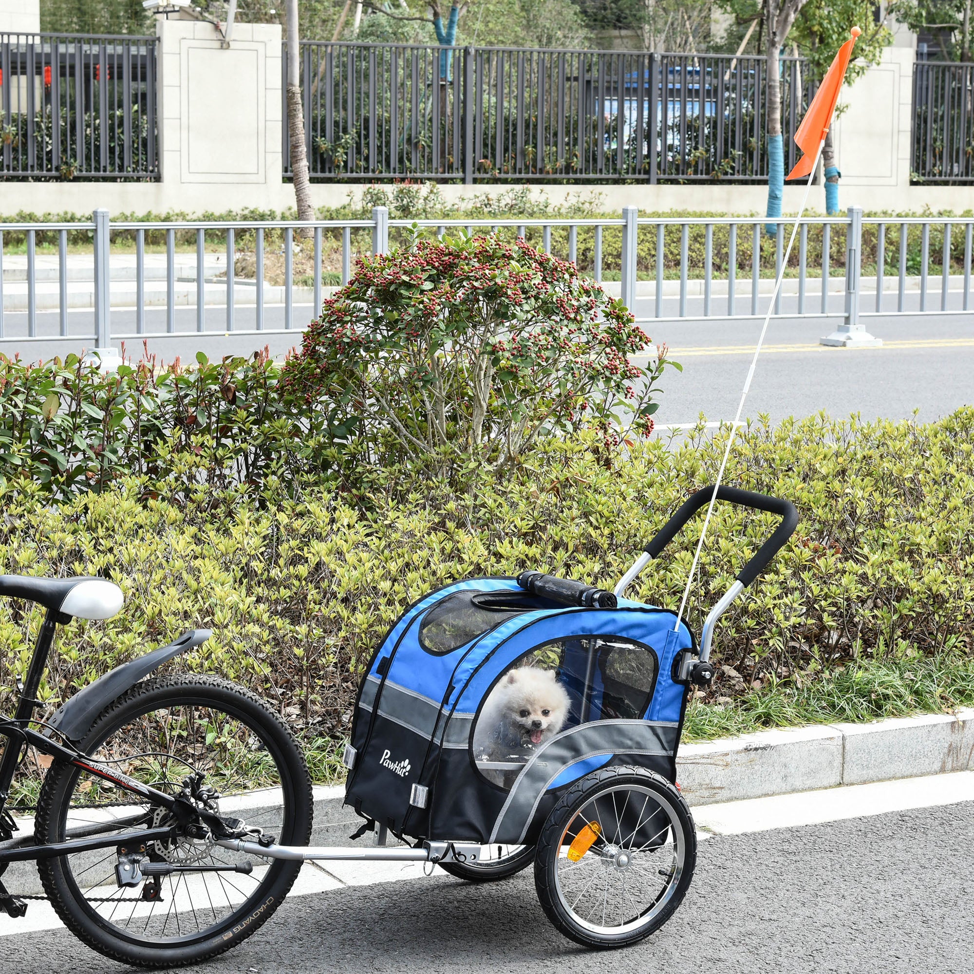 PawHut 2-in-1 Dog Bike Trailer Pet Cart Carrier Stroller for Bicycle with 360° Rotatable Front Wheel Reflectors Weather Resistant Canopy Hitch Coupler Flag Blue