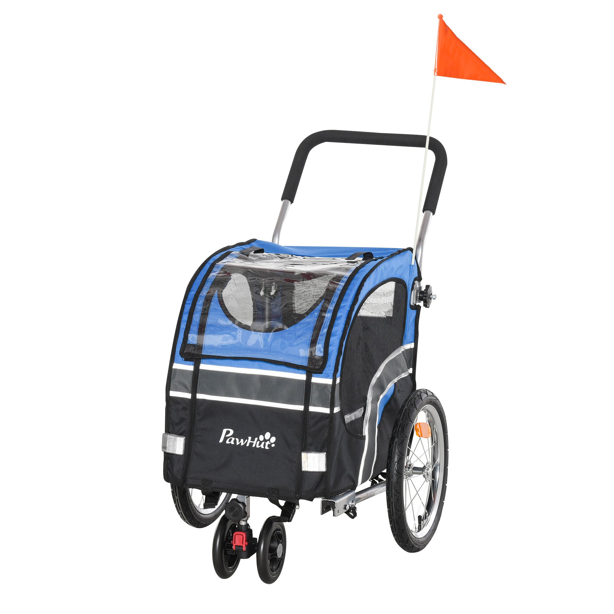 PawHut 2-in-1 Dog Bike Trailer Pet Cart Carrier Stroller for Bicycle with 360° Rotatable Front Wheel Reflectors Weather Resistant Canopy Hitch Coupler Flag Blue