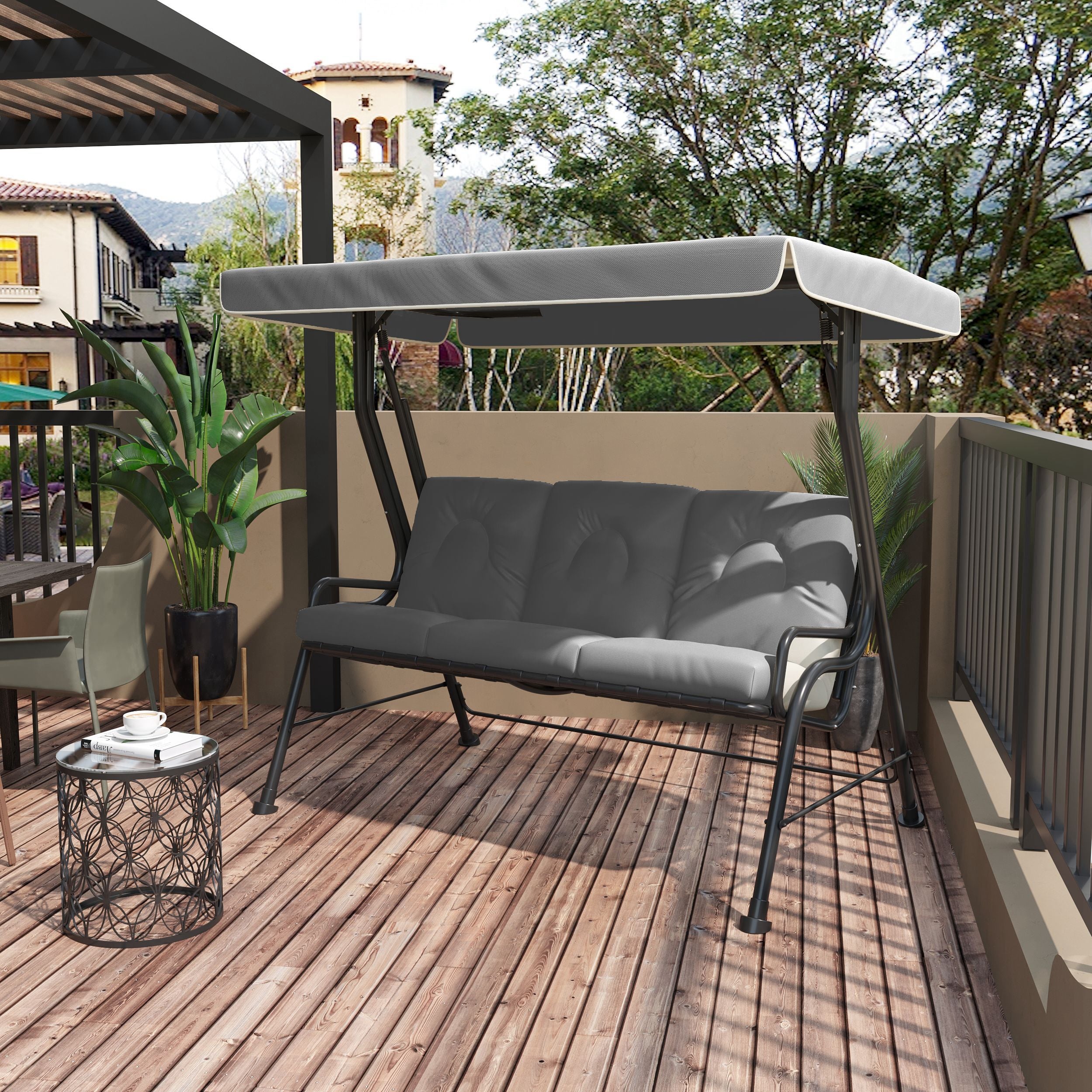 Outsunny 3-Person Porch Swing Patio Swing Chair with Canopy for Patio, Garden, Backyard, Poolside, Light Grey