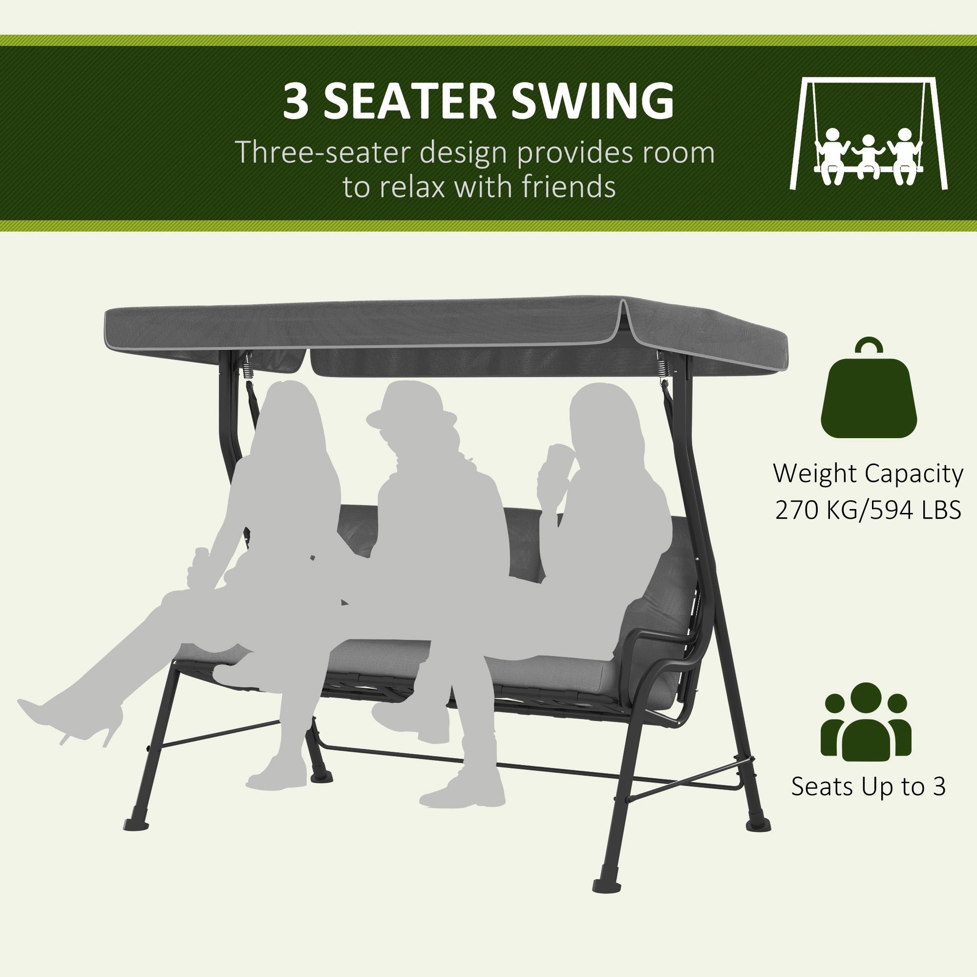 Outsunny 3-Person Porch Swing Patio Swing Chair with Canopy for Patio, Garden, Backyard, Poolside, Light Grey