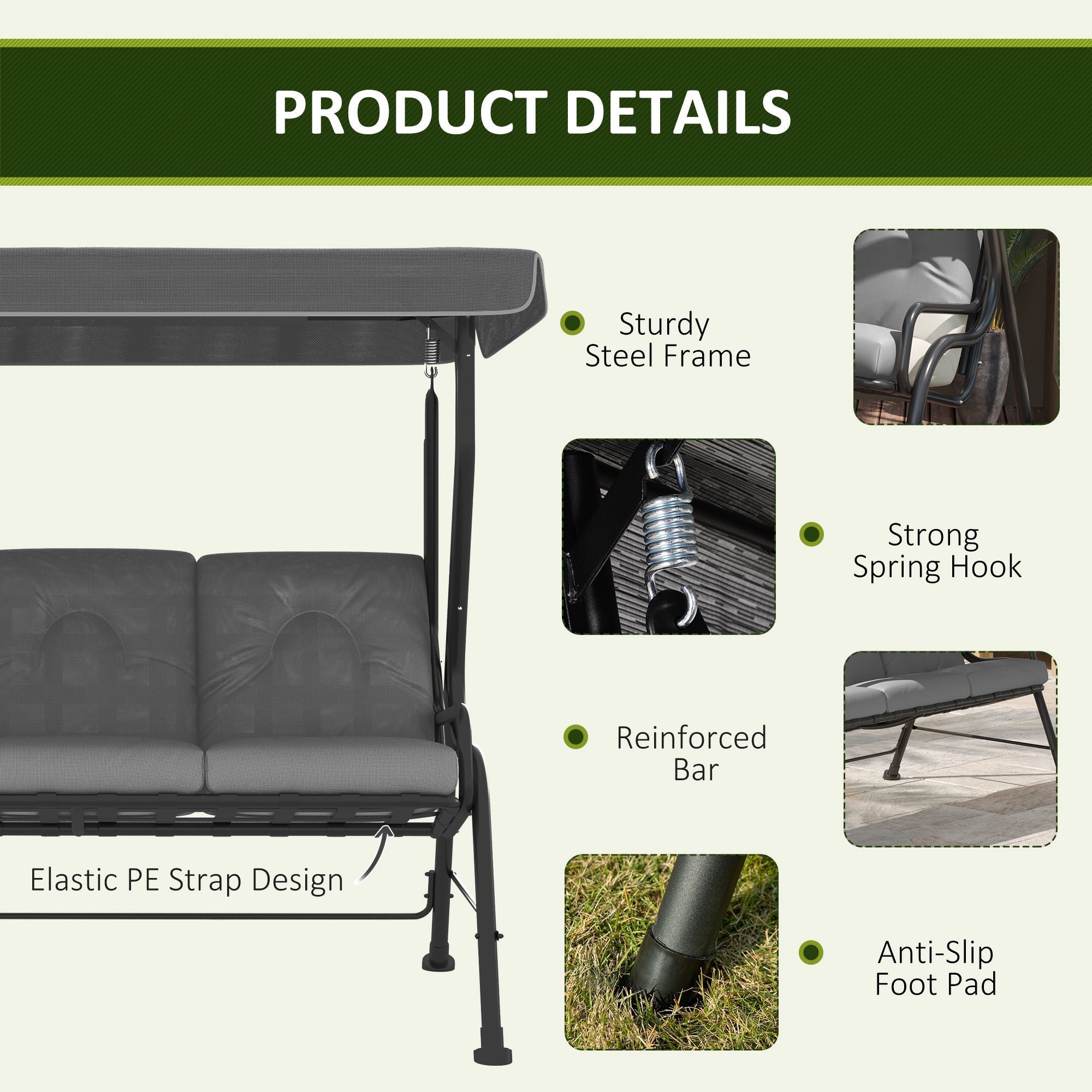 Outsunny 3-Person Porch Swing Patio Swing Chair with Canopy for Patio, Garden, Backyard, Poolside, Light Grey