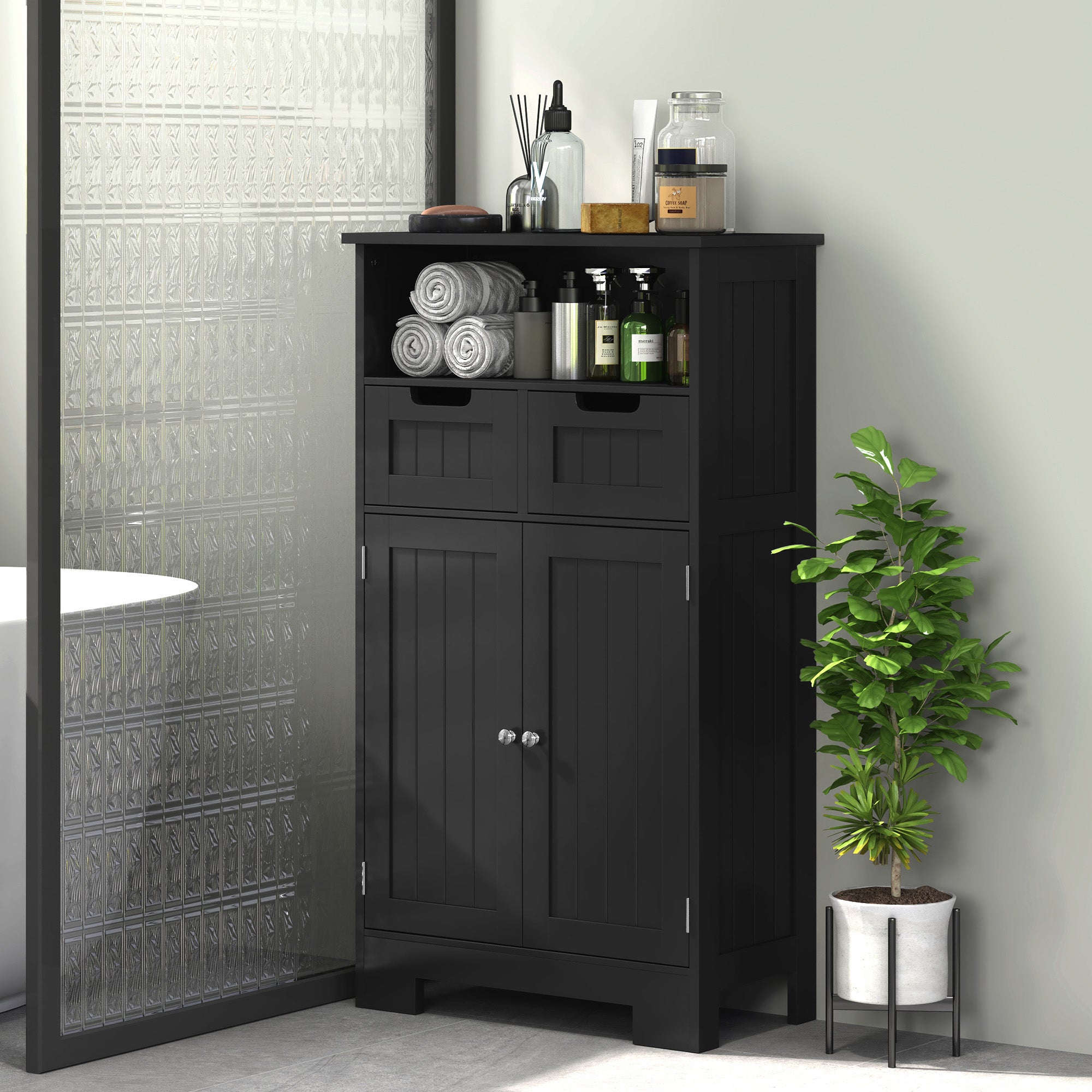 kleankin Bathroom Storage Cabinet, Freestanding Bathroom Cabinet with Adjustable Shelf and Drawers, Small Cabinet for Bathroom, Living Room, Black