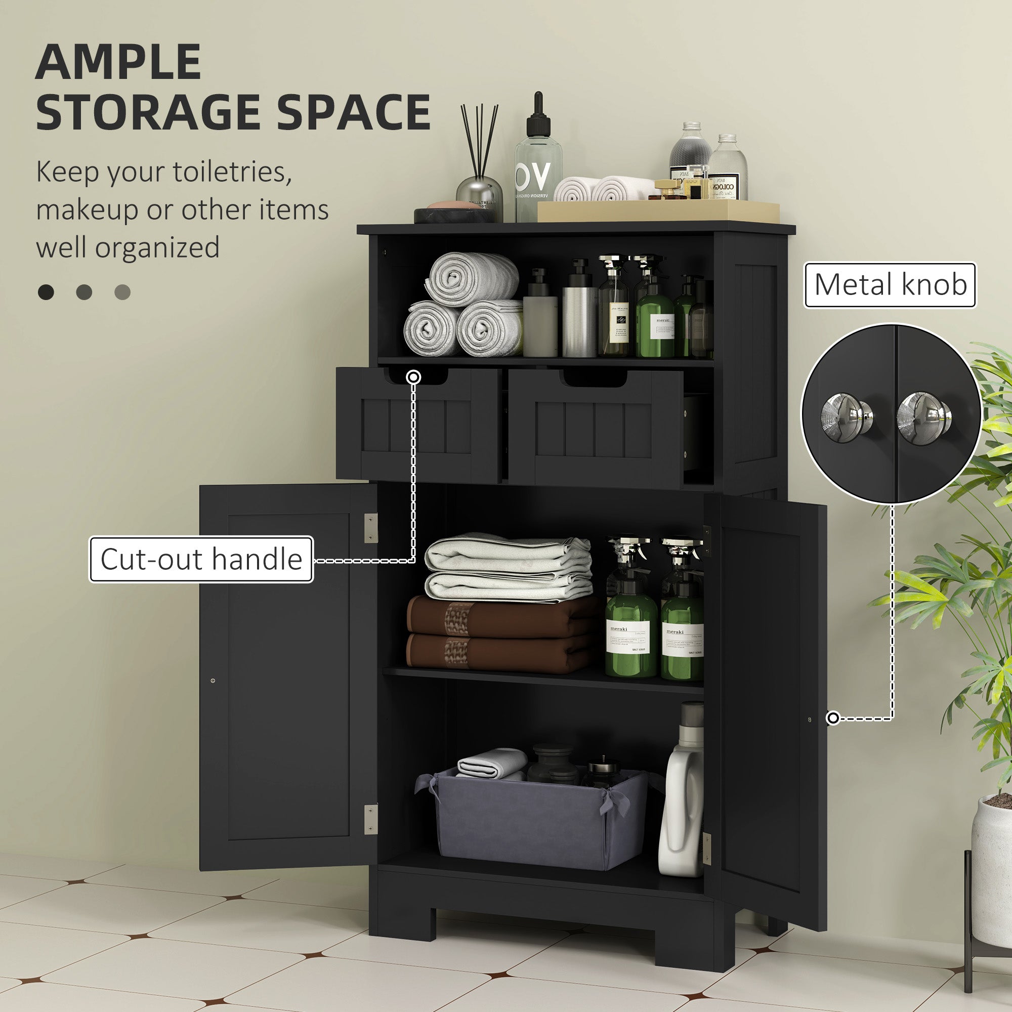 kleankin Bathroom Storage Cabinet, Freestanding Bathroom Cabinet with Adjustable Shelf and Drawers, Small Cabinet for Bathroom, Living Room, Black