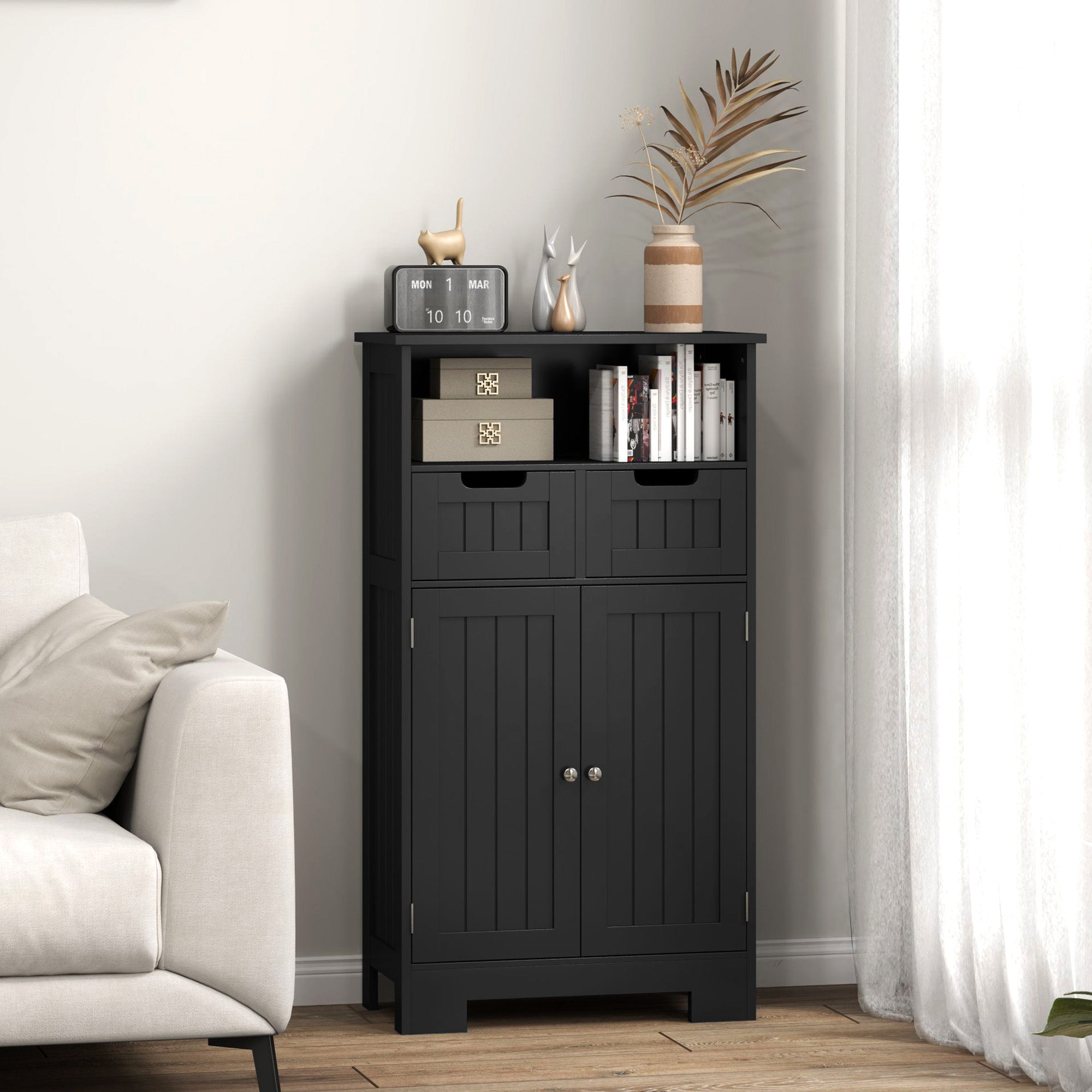 kleankin Bathroom Storage Cabinet, Freestanding Bathroom Cabinet with Adjustable Shelf and Drawers, Small Cabinet for Bathroom, Living Room, Black