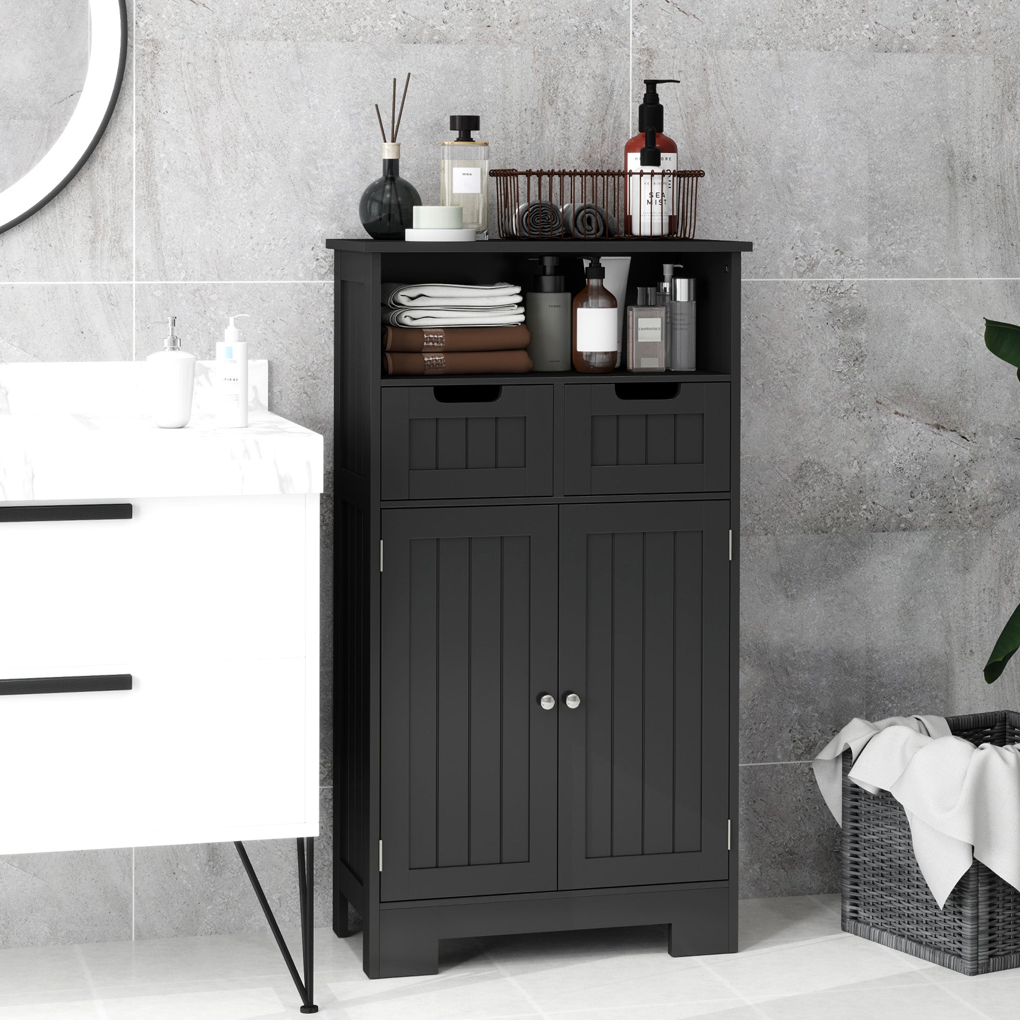 kleankin Bathroom Storage Cabinet, Freestanding Bathroom Cabinet with Adjustable Shelf and Drawers, Small Cabinet for Bathroom, Living Room, Black