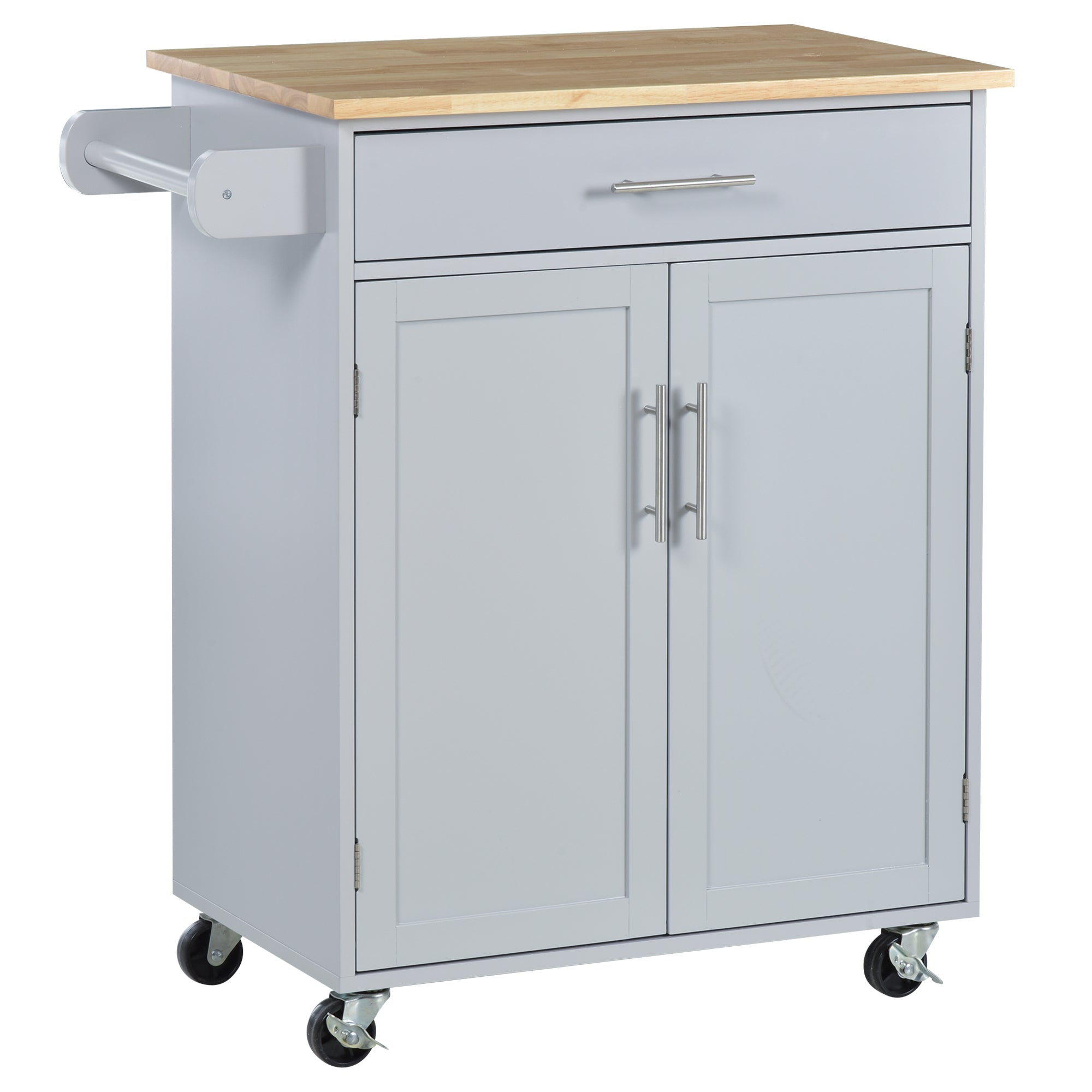 HOMCOM Rolling Kitchen Island Cart with Wood Top, Enough Storage Drawer Space with Towel Bar Rack Shelves, Portable Kitchen Utility Serving Cart Trolley on Wheels (Grey)
