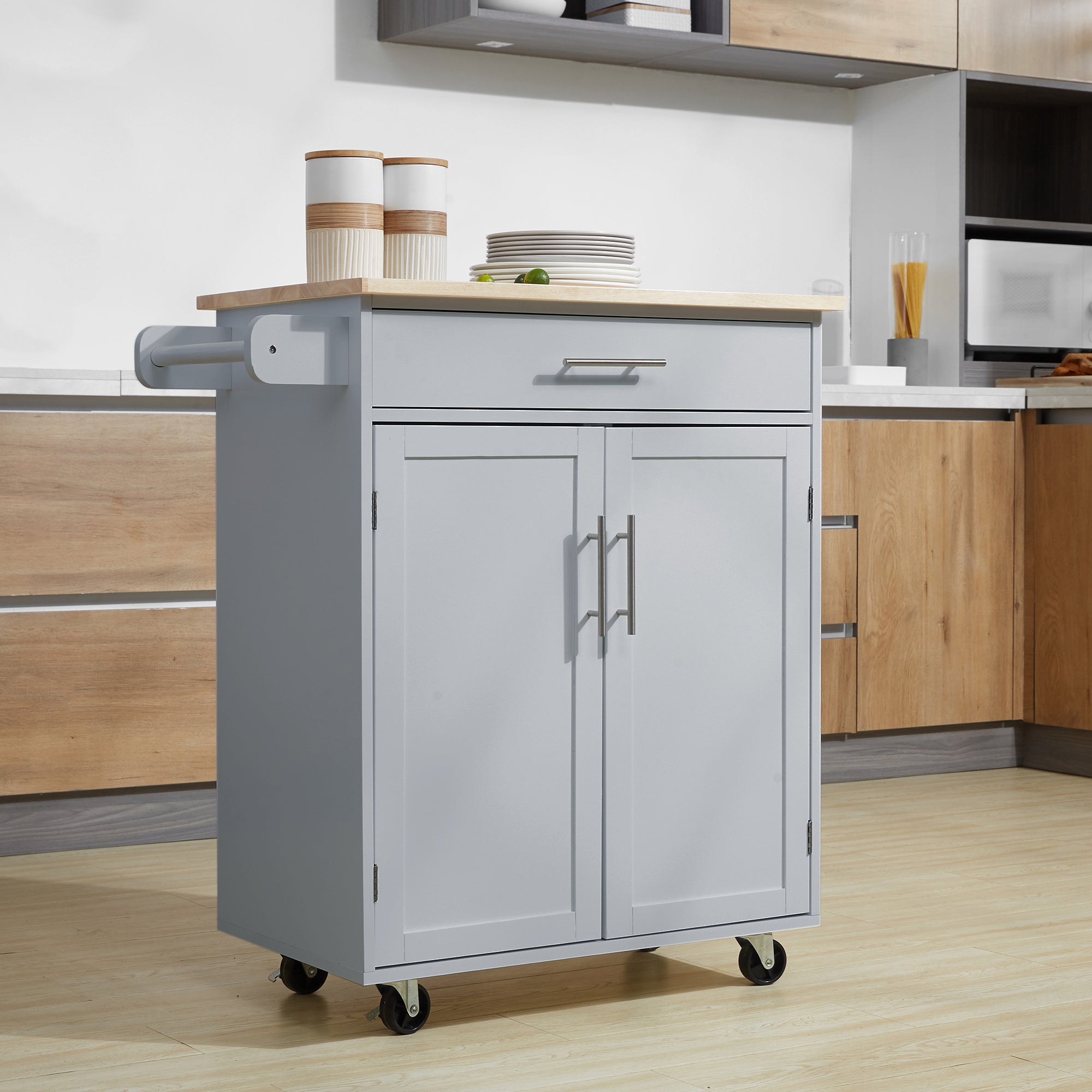 HOMCOM Rolling Kitchen Island Cart with Wood Top, Enough Storage Drawer Space with Towel Bar Rack Shelves, Portable Kitchen Utility Serving Cart Trolley on Wheels (Grey)