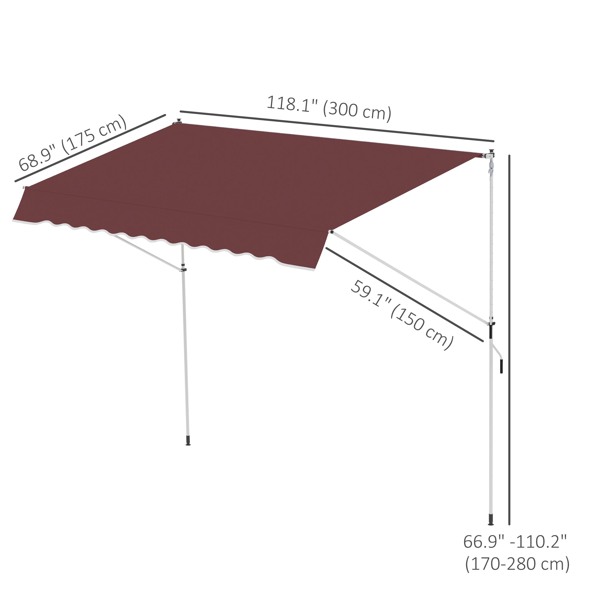 Outsunny 10x5ft Manual Retractable Awning, Patio Sun Shade Canopy Shelter with 5.6-9.2ft Support Pole, Water Resistant UV Protector, for Window, Door, Porch, Deck, Wine Red