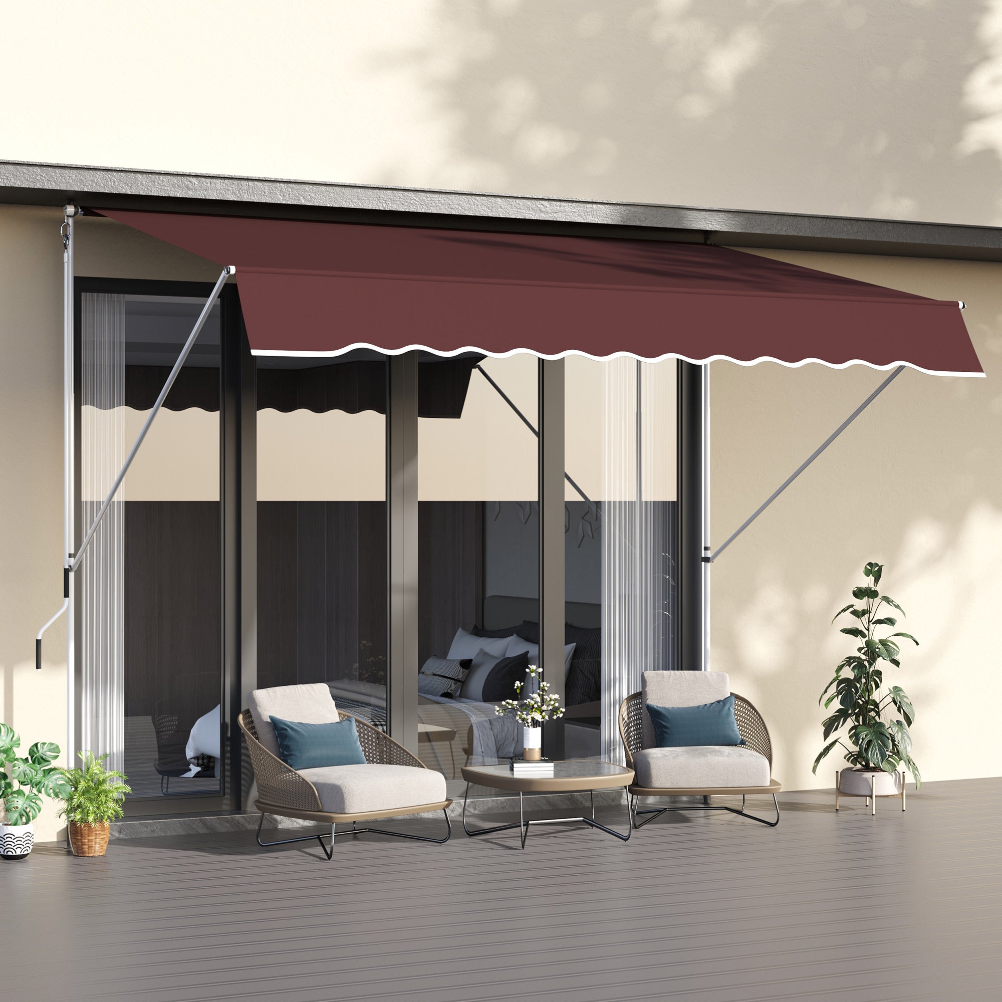 Outsunny 10x5ft Manual Retractable Awning, Patio Sun Shade Canopy Shelter with 5.6-9.2ft Support Pole, Water Resistant UV Protector, for Window, Door, Porch, Deck, Wine Red