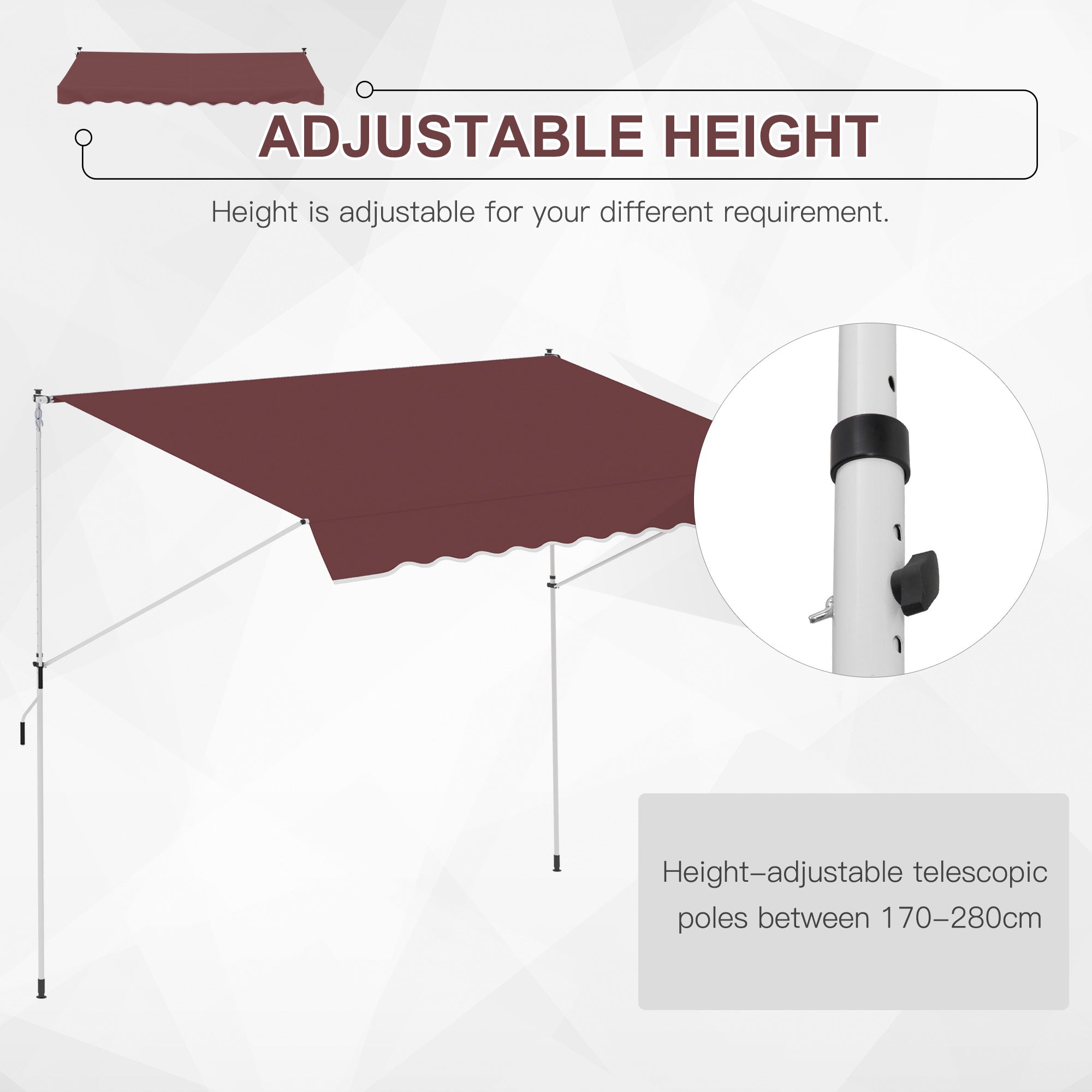 Outsunny 10x5ft Manual Retractable Awning, Patio Sun Shade Canopy Shelter with 5.6-9.2ft Support Pole, Water Resistant UV Protector, for Window, Door, Porch, Deck, Wine Red