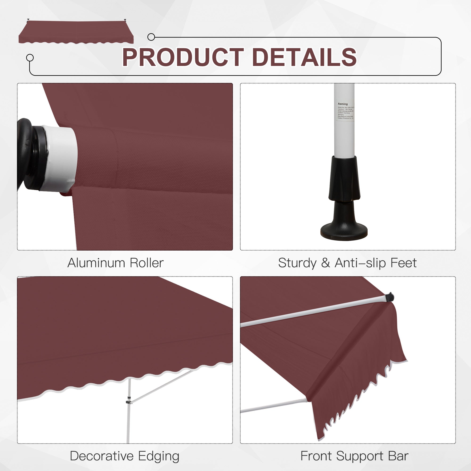 Outsunny 10x5ft Manual Retractable Awning, Patio Sun Shade Canopy Shelter with 5.6-9.2ft Support Pole, Water Resistant UV Protector, for Window, Door, Porch, Deck, Wine Red