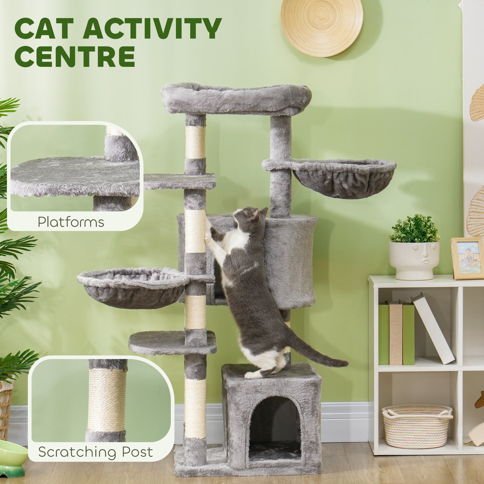 PawHut 52.5" Cat Tree, Cat Tower for Indoor Cats with Scratching Posts, Cat Condos, Bed, Platforms, Hammocks, Cat Activity Center, Grey