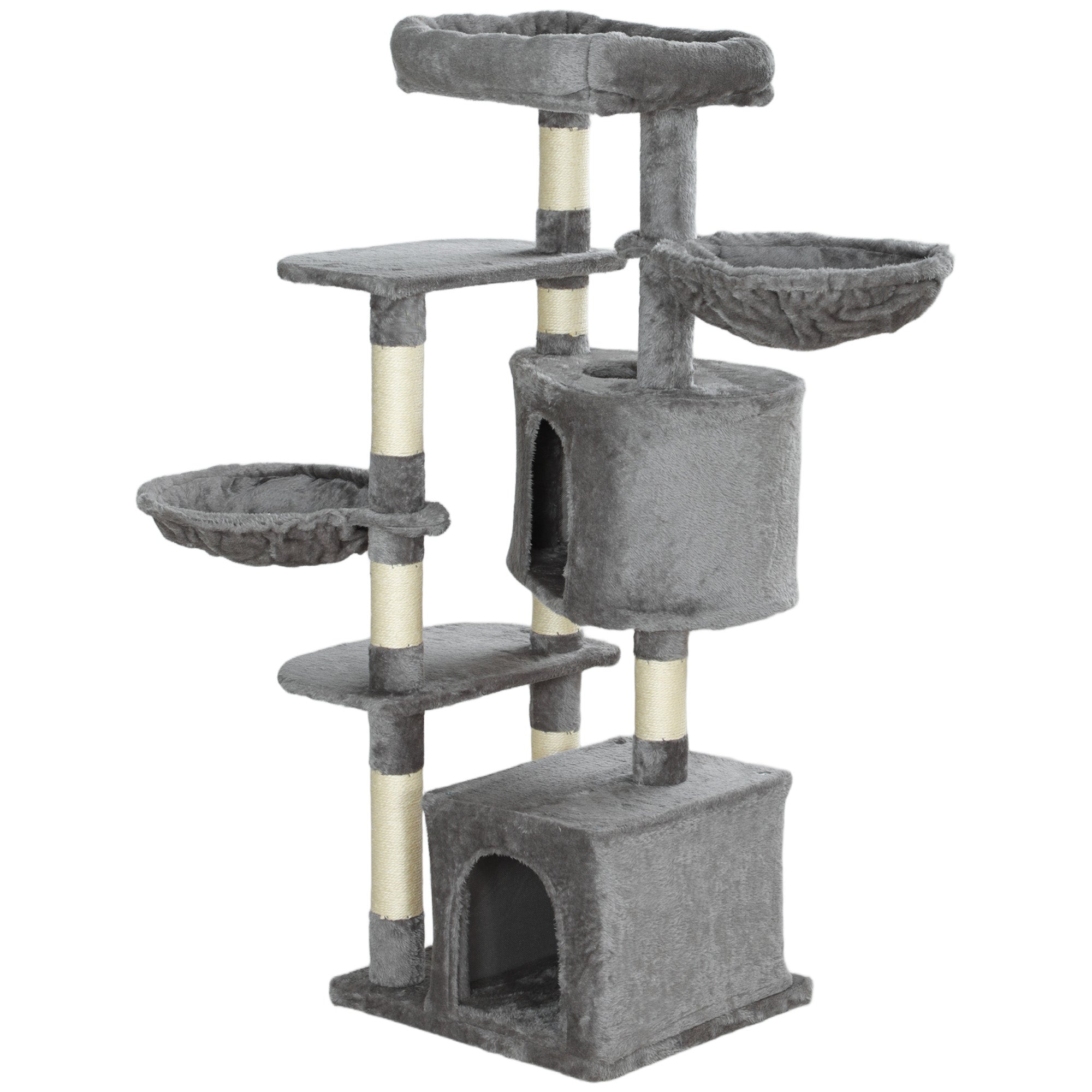 PawHut 52.5" Cat Tree, Cat Tower for Indoor Cats with Scratching Posts, Cat Condos, Bed, Platforms, Hammocks, Cat Activity Center, Grey