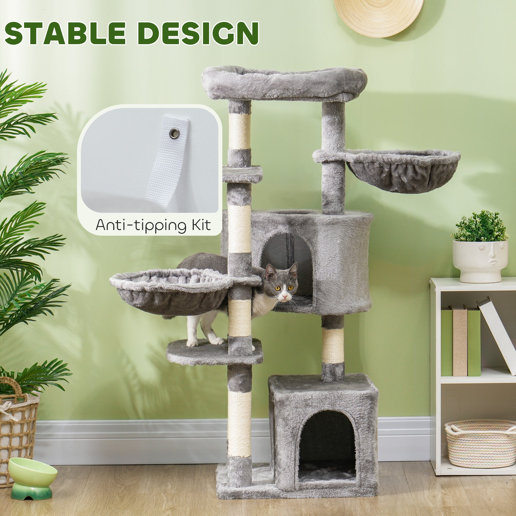 PawHut 52.5" Cat Tree, Cat Tower for Indoor Cats with Scratching Posts, Cat Condos, Bed, Platforms, Hammocks, Cat Activity Center, Grey