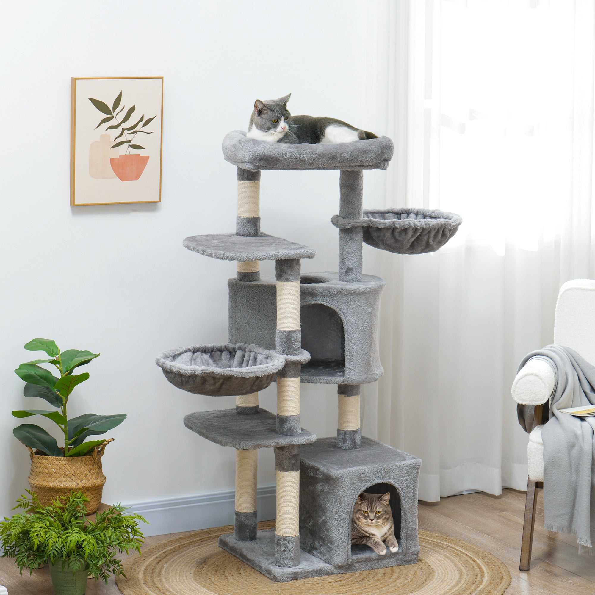 PawHut 52.5" Cat Tree, Cat Tower for Indoor Cats with Scratching Posts, Cat Condos, Bed, Platforms, Hammocks, Cat Activity Center, Grey
