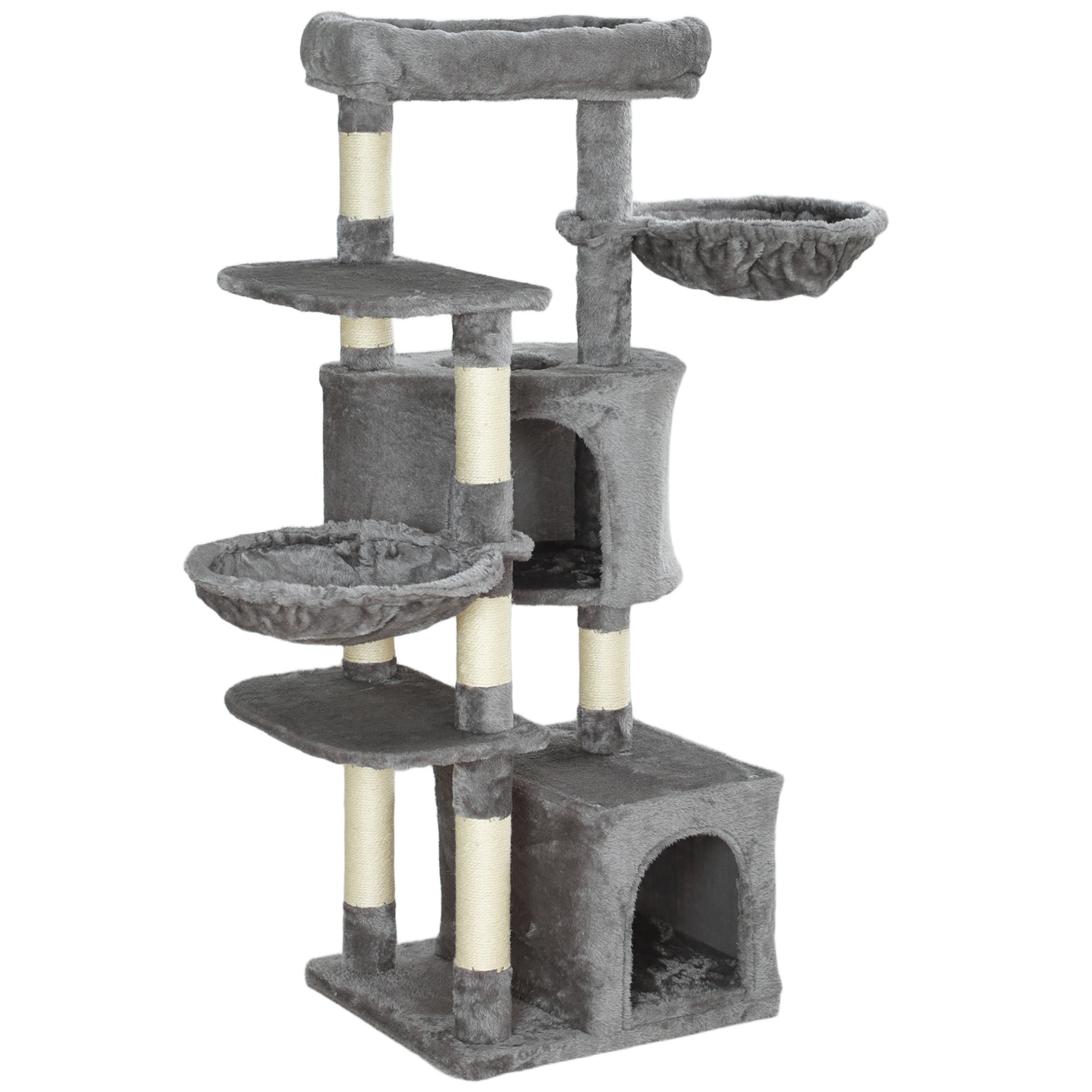 PawHut 52.5" Cat Tree, Cat Tower for Indoor Cats with Scratching Posts, Cat Condos, Bed, Platforms, Hammocks, Cat Activity Center, Grey