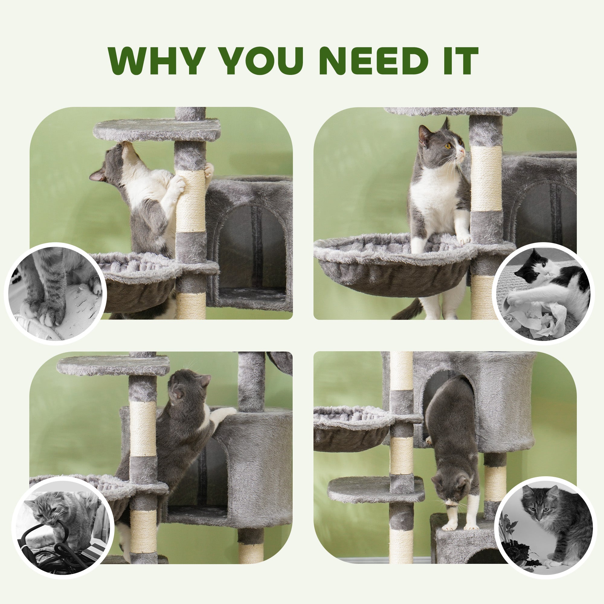 PawHut 52.5" Cat Tree, Cat Tower for Indoor Cats with Scratching Posts, Cat Condos, Bed, Platforms, Hammocks, Cat Activity Center, Grey