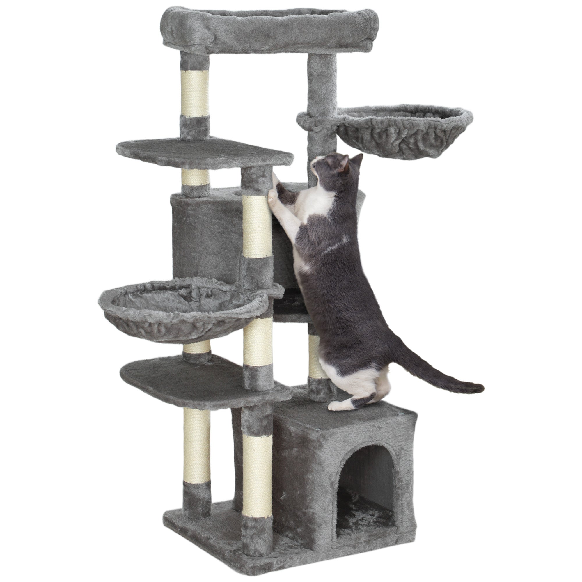PawHut 52.5" Cat Tree, Cat Tower for Indoor Cats with Scratching Posts, Cat Condos, Bed, Platforms, Hammocks, Cat Activity Center, Grey