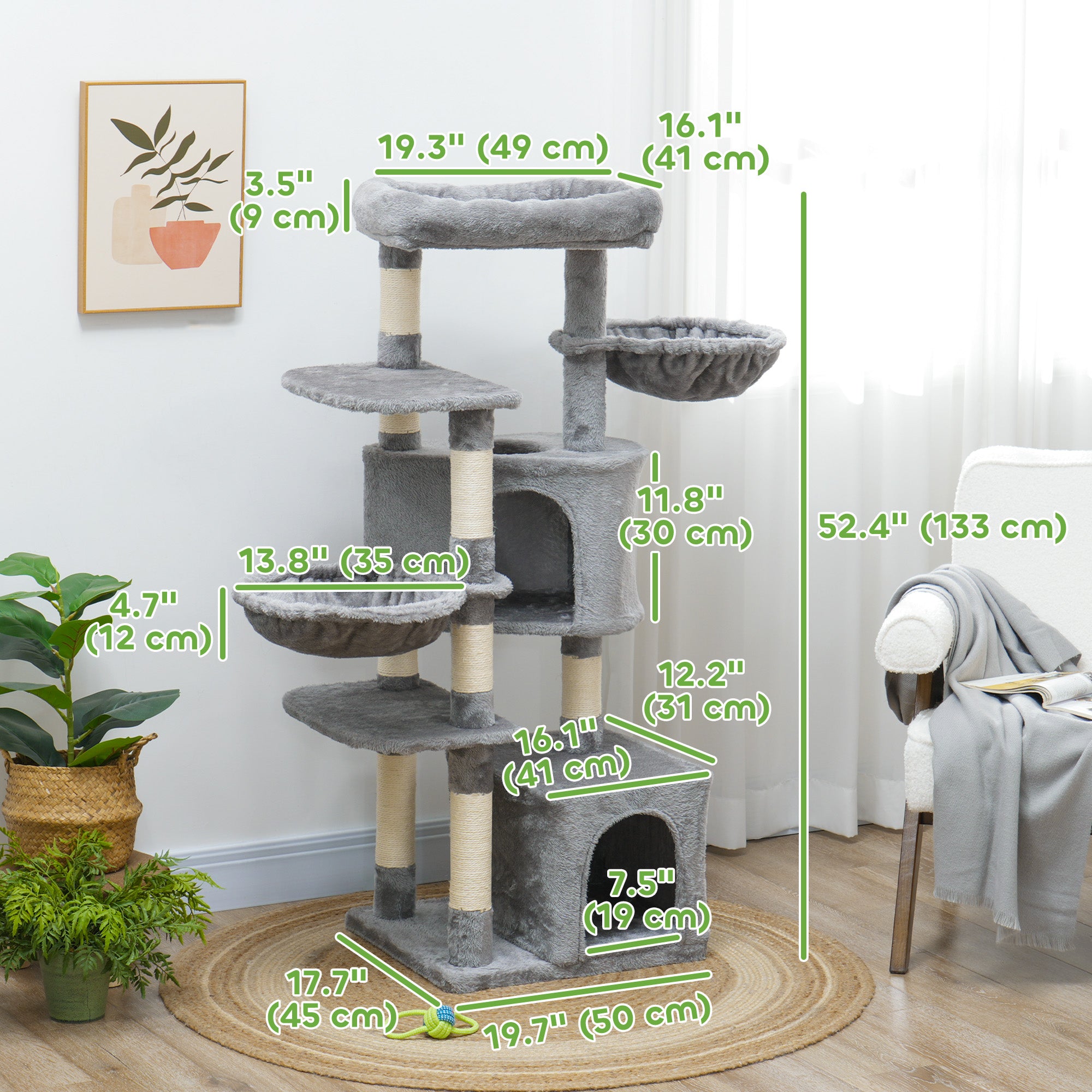 PawHut 52.5" Cat Tree, Cat Tower for Indoor Cats with Scratching Posts, Cat Condos, Bed, Platforms, Hammocks, Cat Activity Center, Grey