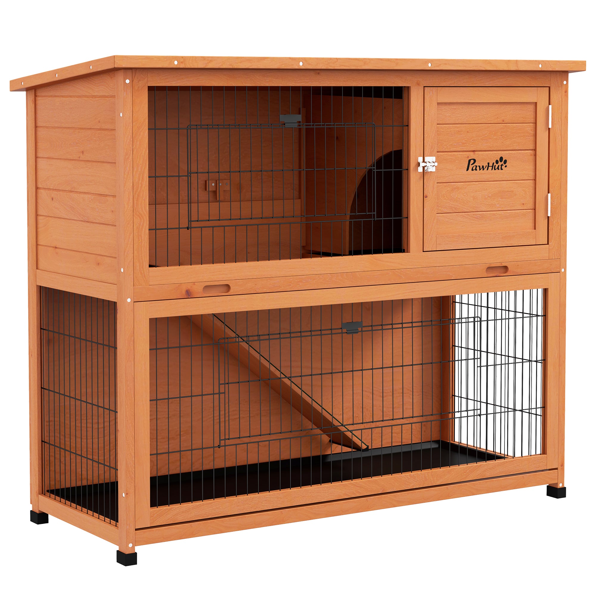 PawHut Wooden Rabbit Hutch, 2 Tier Outdoor Rabbit Cage with Trays, Ramp, Asphalt Roof, Doors for 1-2 Rabbits, 47" x 20" x 40", Orange
