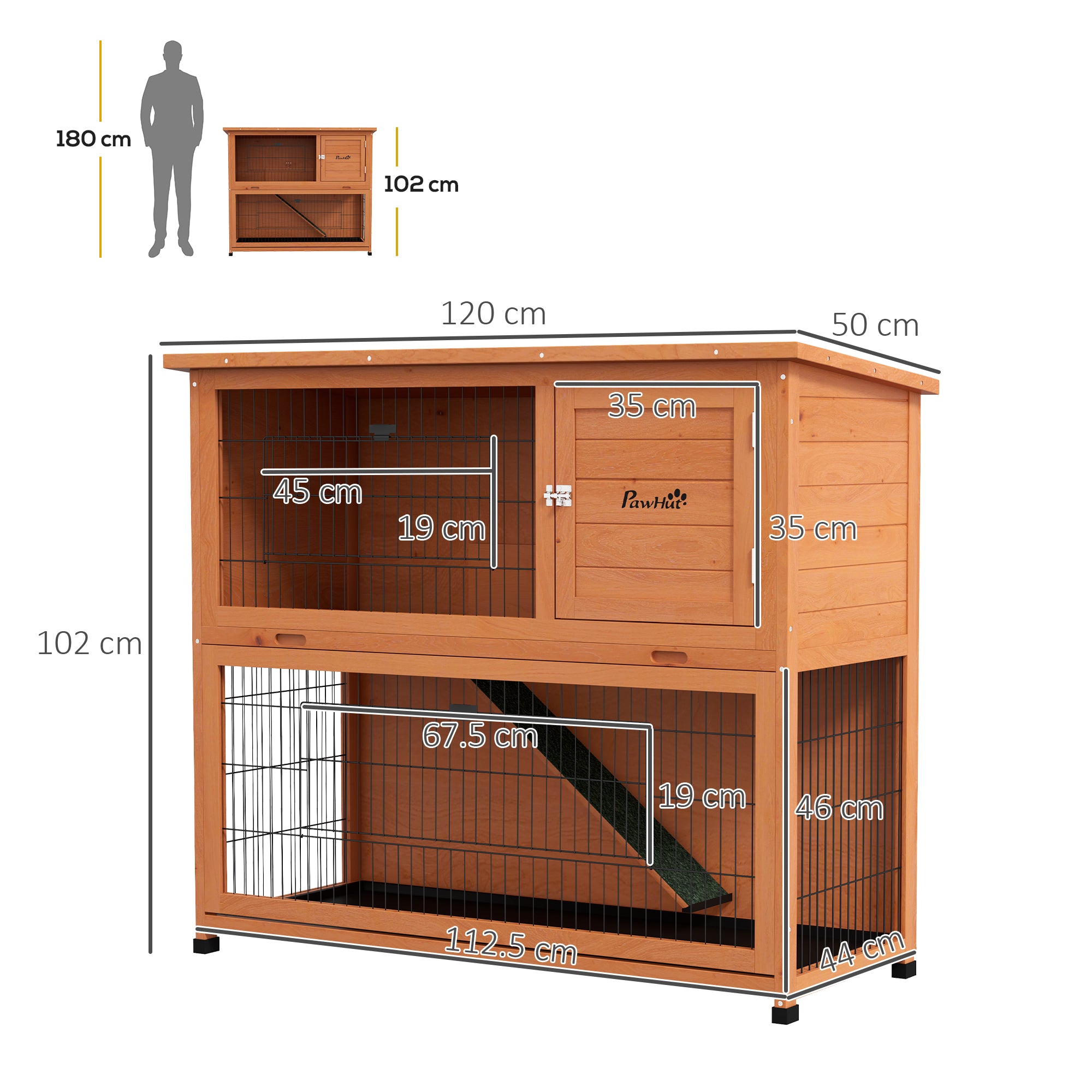 PawHut Rabbit Hutch Guinea Pig Hutch Wooden with No-Leak Tray, Asphalt Roof, Base, Antiseptic Wood Outdoor for 1-2 Rabbits 120 x 50 x 102cm - Orange