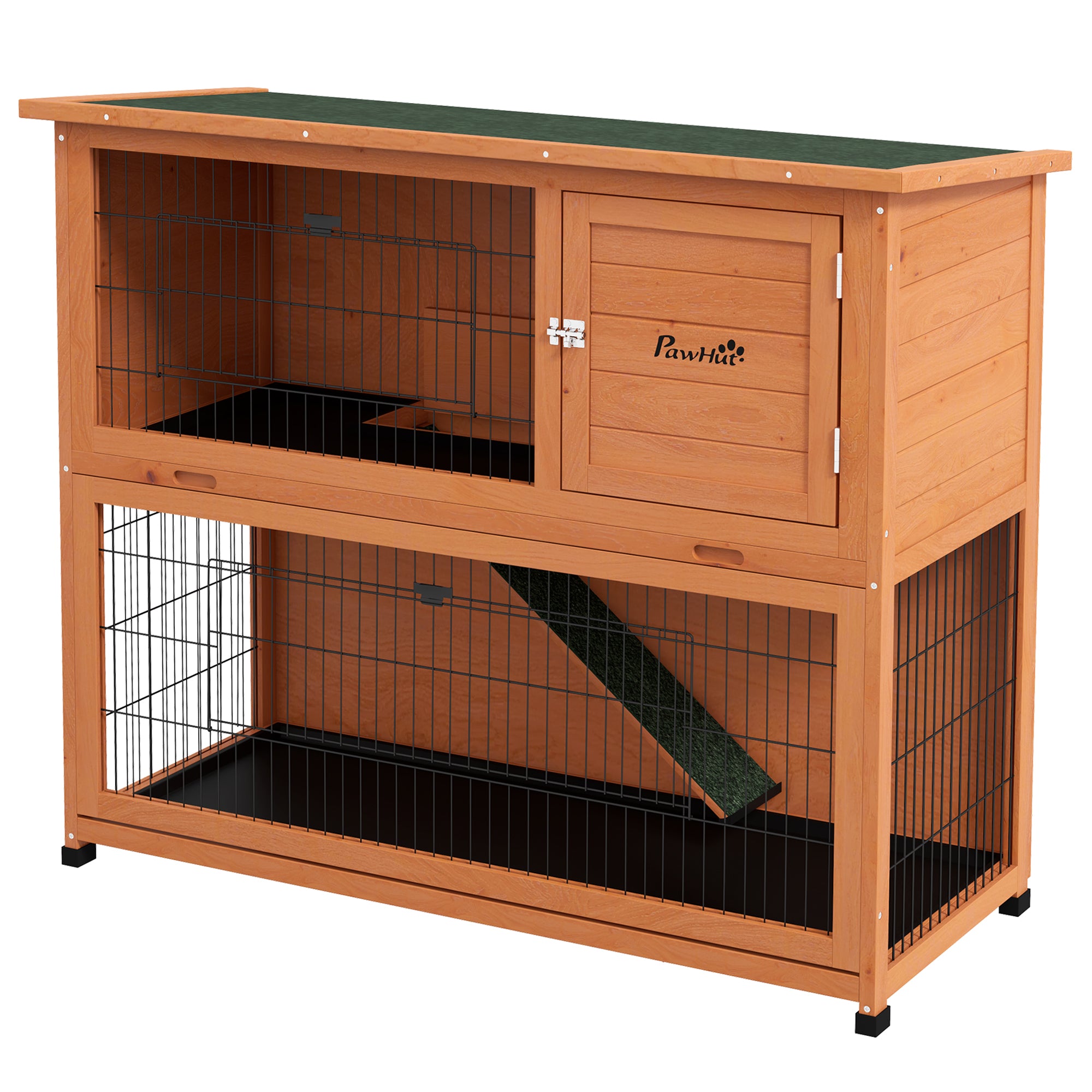 PawHut Wooden Rabbit Hutch, 2 Tier Outdoor Rabbit Cage with Trays, Ramp, Asphalt Roof, Doors for 1-2 Rabbits, 47" x 20" x 40", Orange