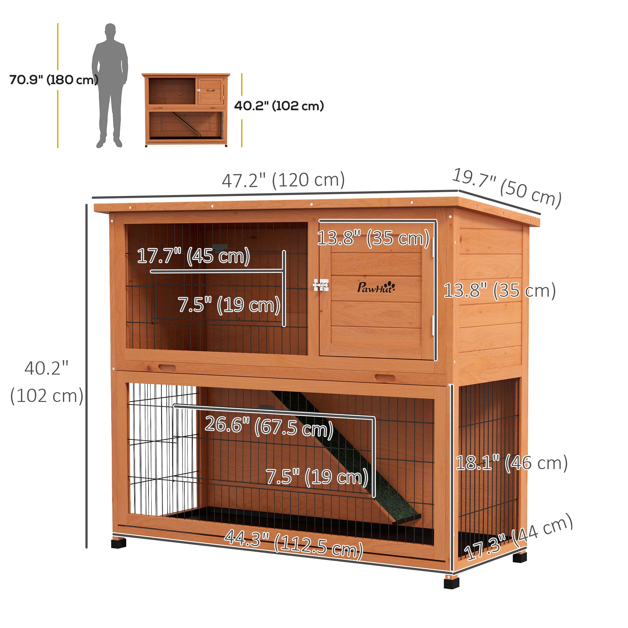 PawHut Wooden Rabbit Hutch, 2 Tier Outdoor Rabbit Cage with Trays, Ramp, Asphalt Roof, Doors for 1-2 Rabbits, 47" x 20" x 40", Orange