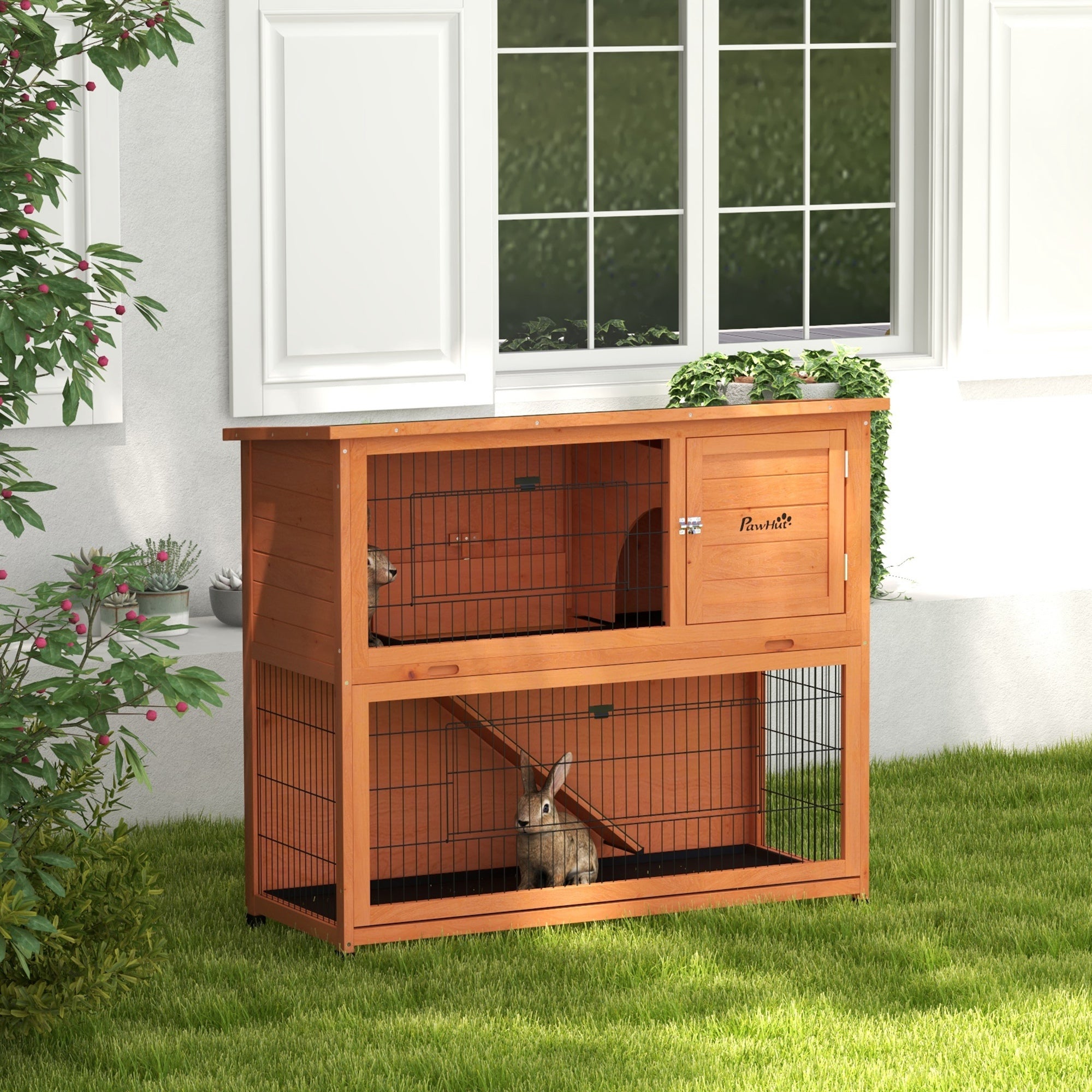 PawHut Wooden Rabbit Hutch, 2 Tier Outdoor Rabbit Cage with Trays, Ramp, Asphalt Roof, Doors for 1-2 Rabbits, 47" x 20" x 40", Orange