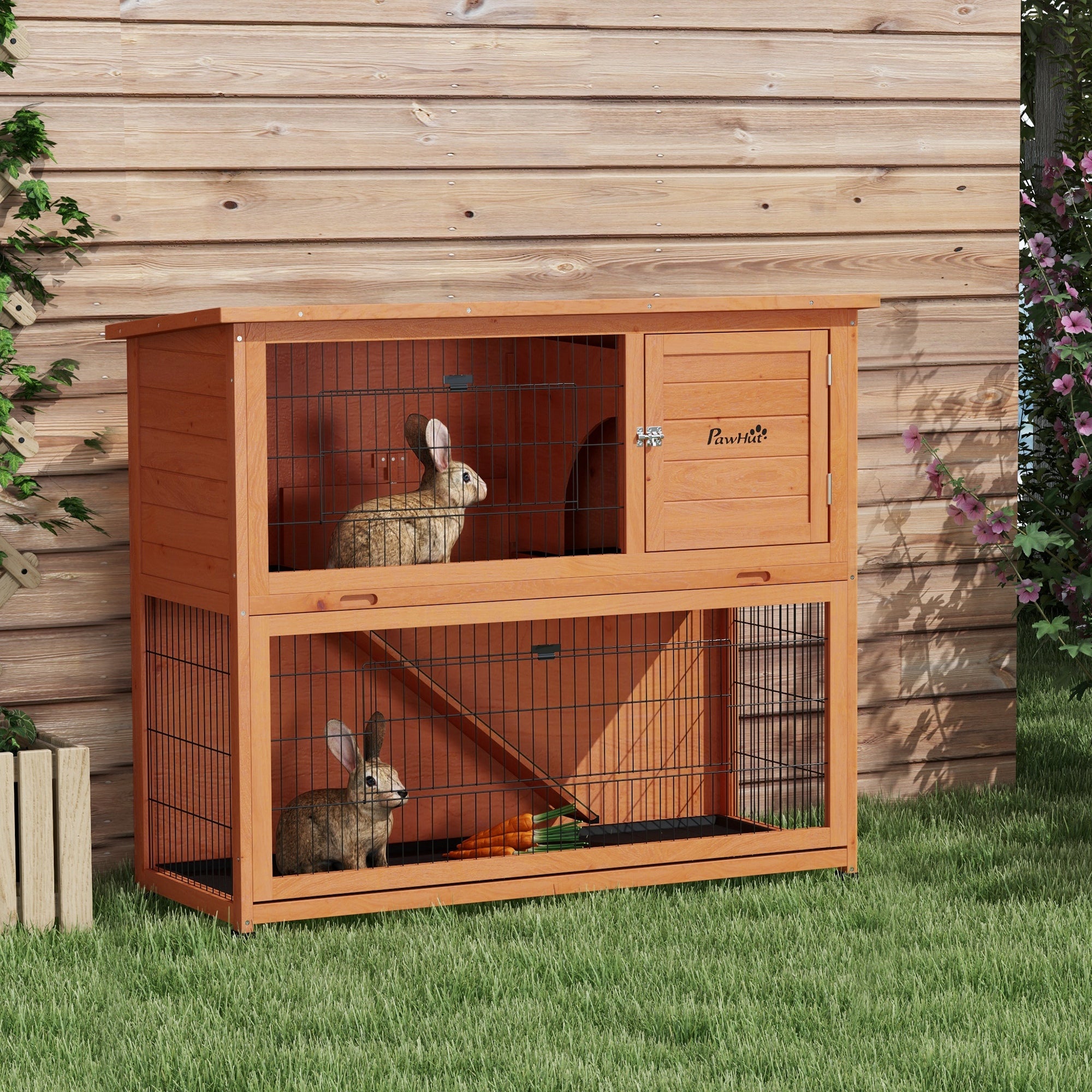 PawHut Wooden Rabbit Hutch, 2 Tier Outdoor Rabbit Cage with Trays, Ramp, Asphalt Roof, Doors for 1-2 Rabbits, 47" x 20" x 40", Orange