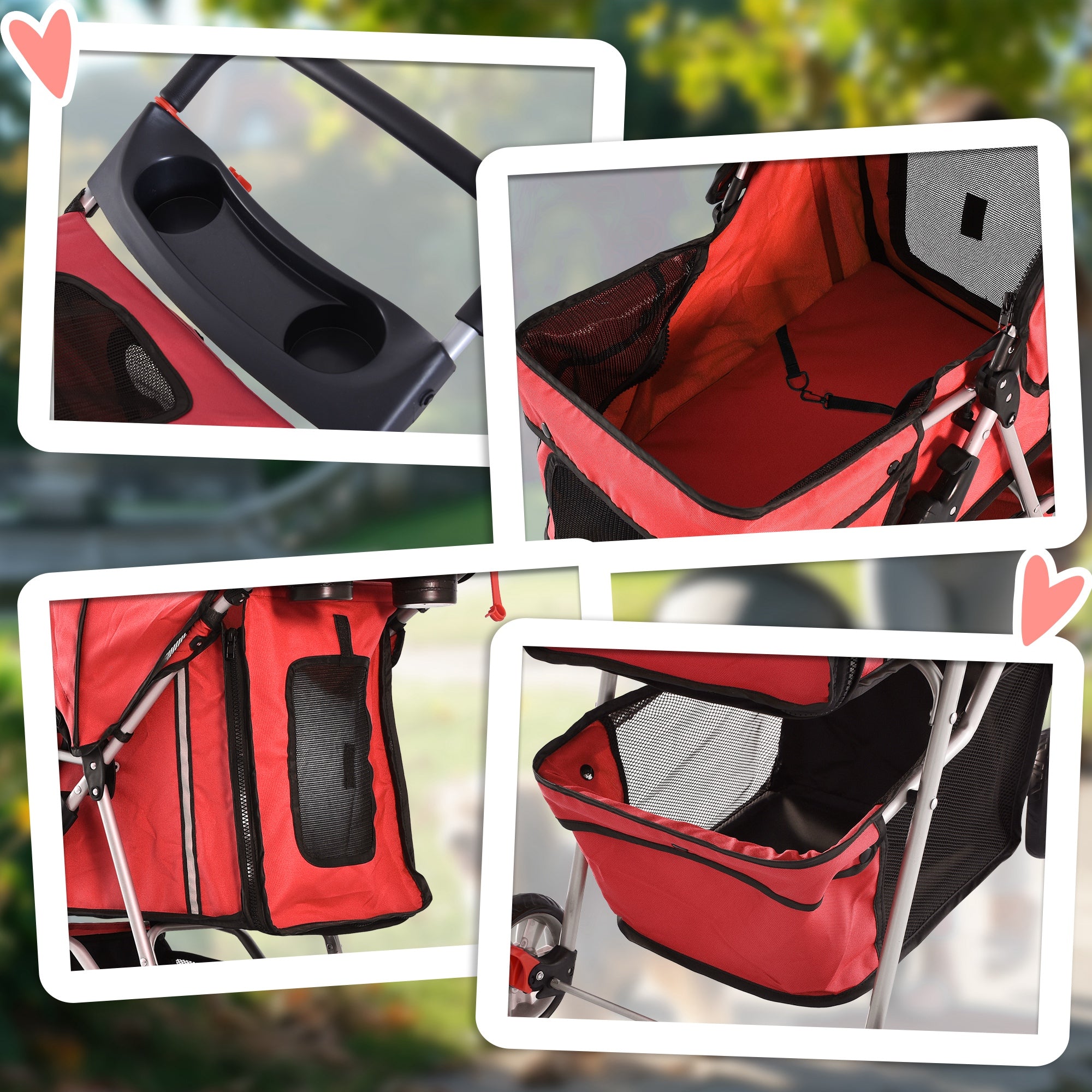 PawHut Dog Stroller, 3 Wheels Foldable Cat Dog Pram with Cup Holder, Storage Basket, Pet Stroller for Small Miniature Dogs, Red