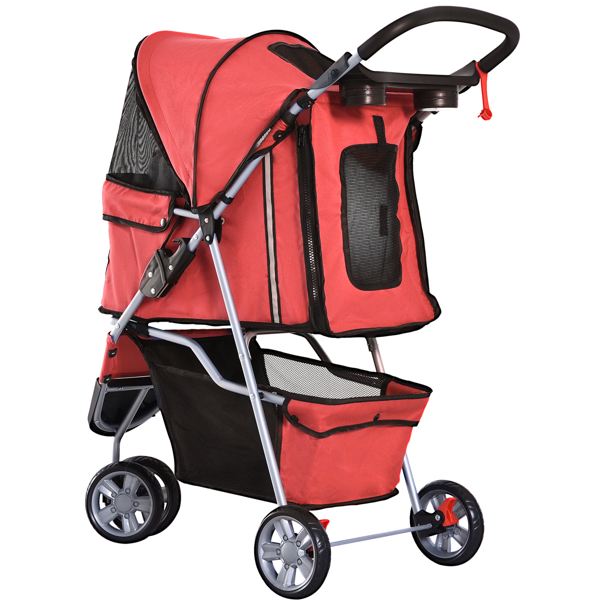 PawHut Dog Stroller, 3 Wheels Foldable Cat Dog Pram with Cup Holder, Storage Basket, Pet Stroller for Small Miniature Dogs, Red